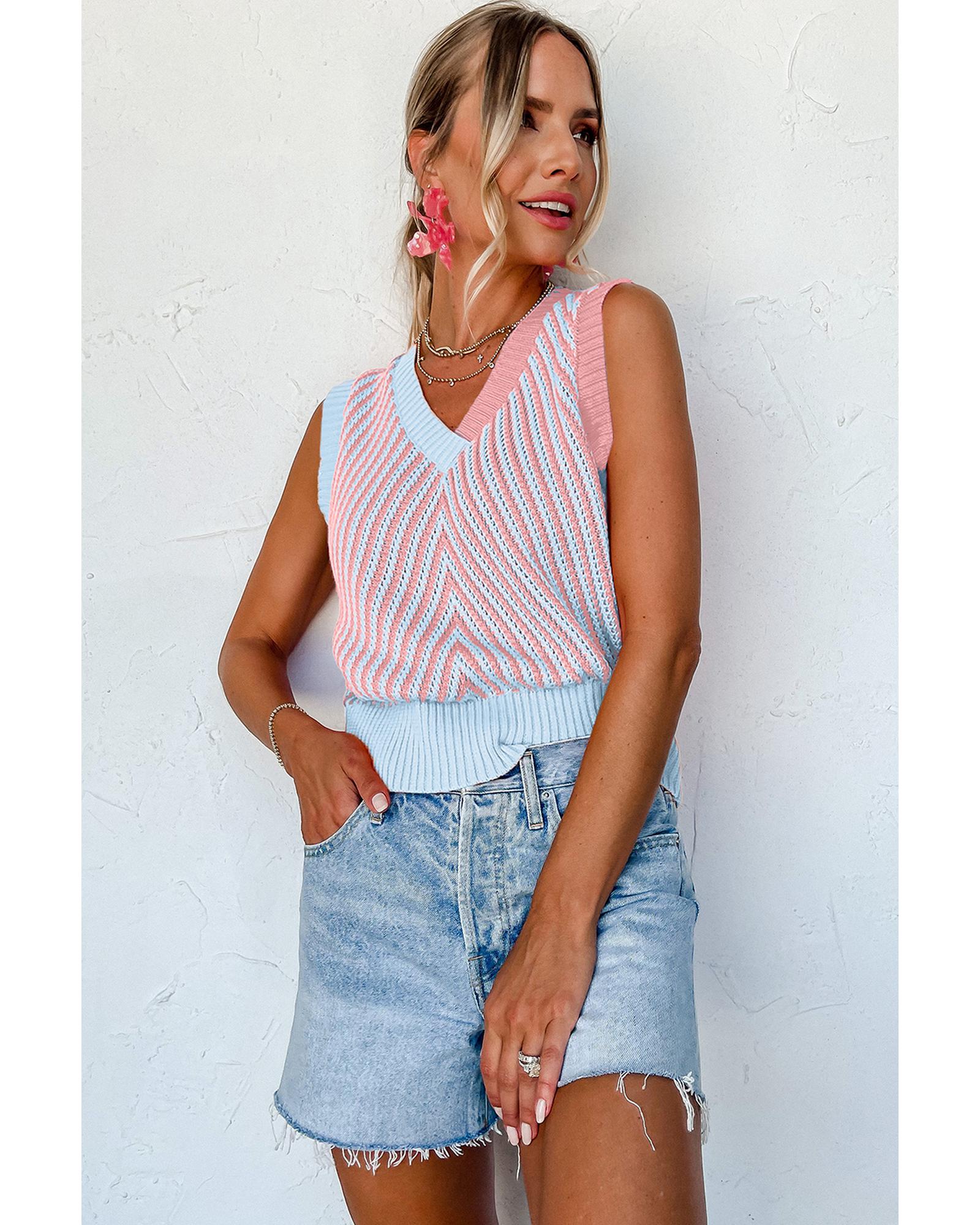 Light Pink Contrast Chevron Knit V Neck Sweater Vest - M