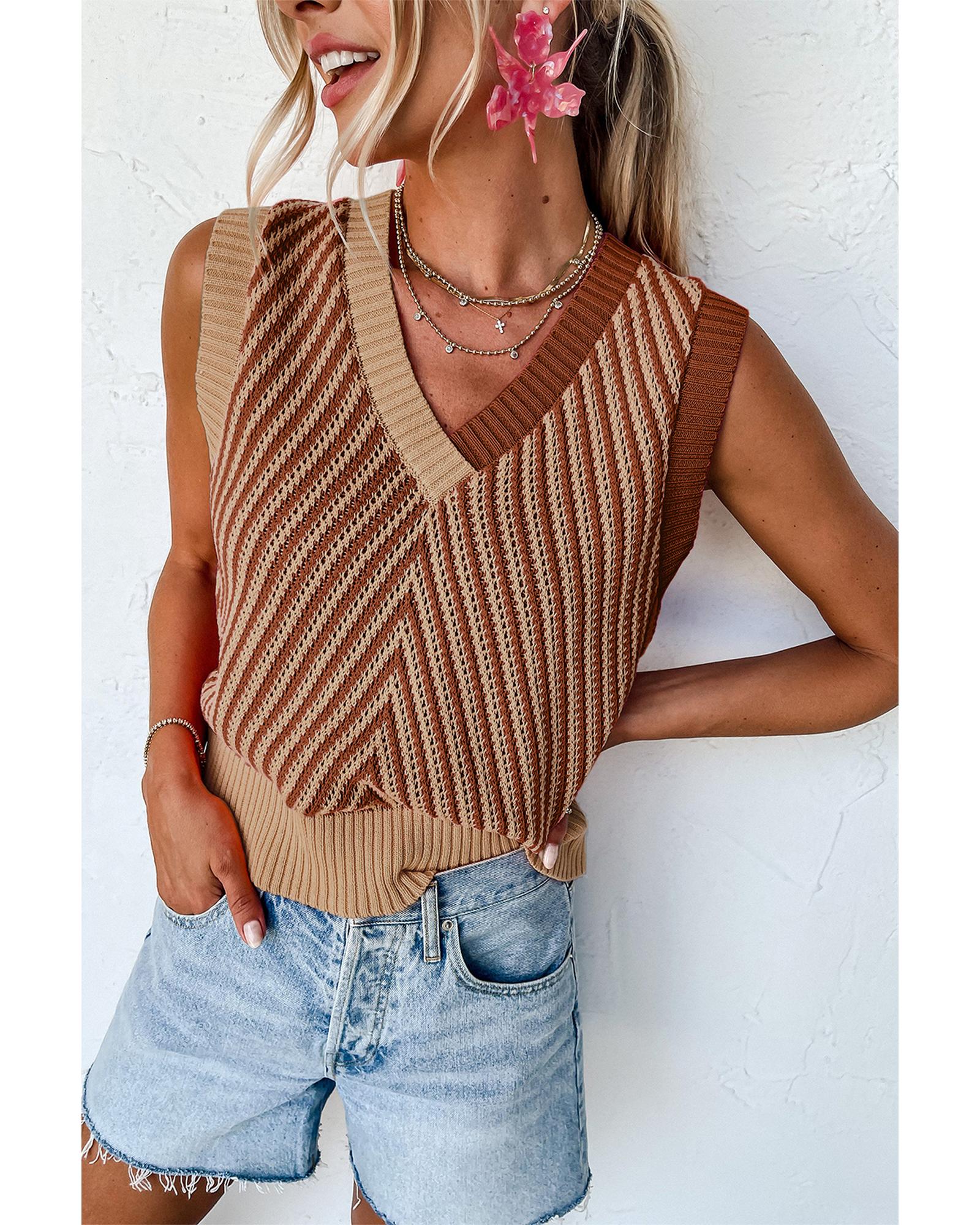 Light French Beige Contrast Chevron Knit V Neck Sweater Vest - S