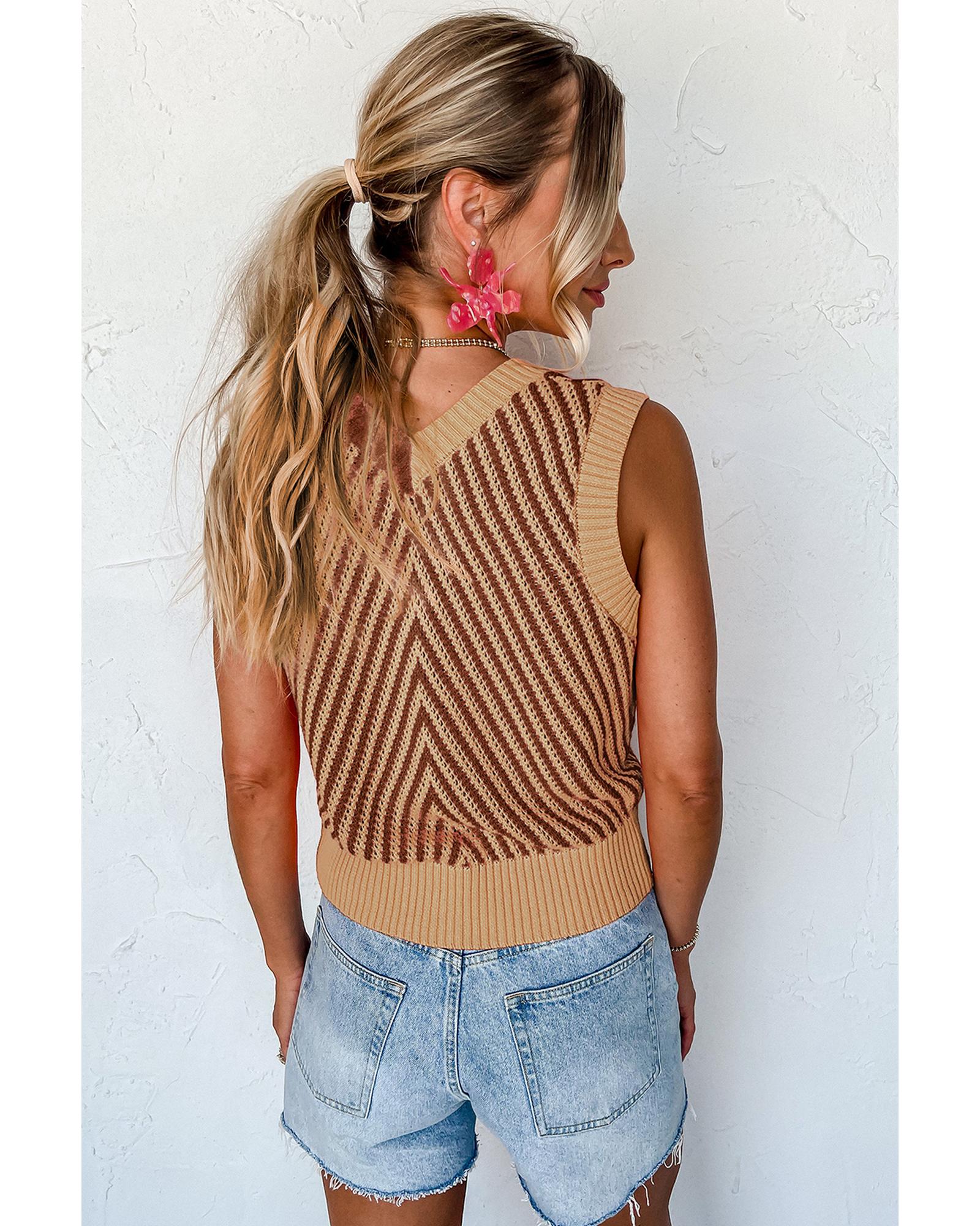 Light French Beige Contrast Chevron Knit V Neck Sweater Vest - XL