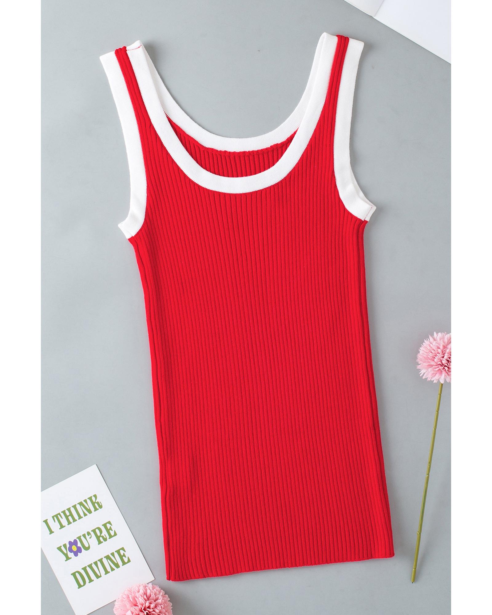 Fiery Red Colorblock Edge Ribbed Knit U Neck Tank Top - XL