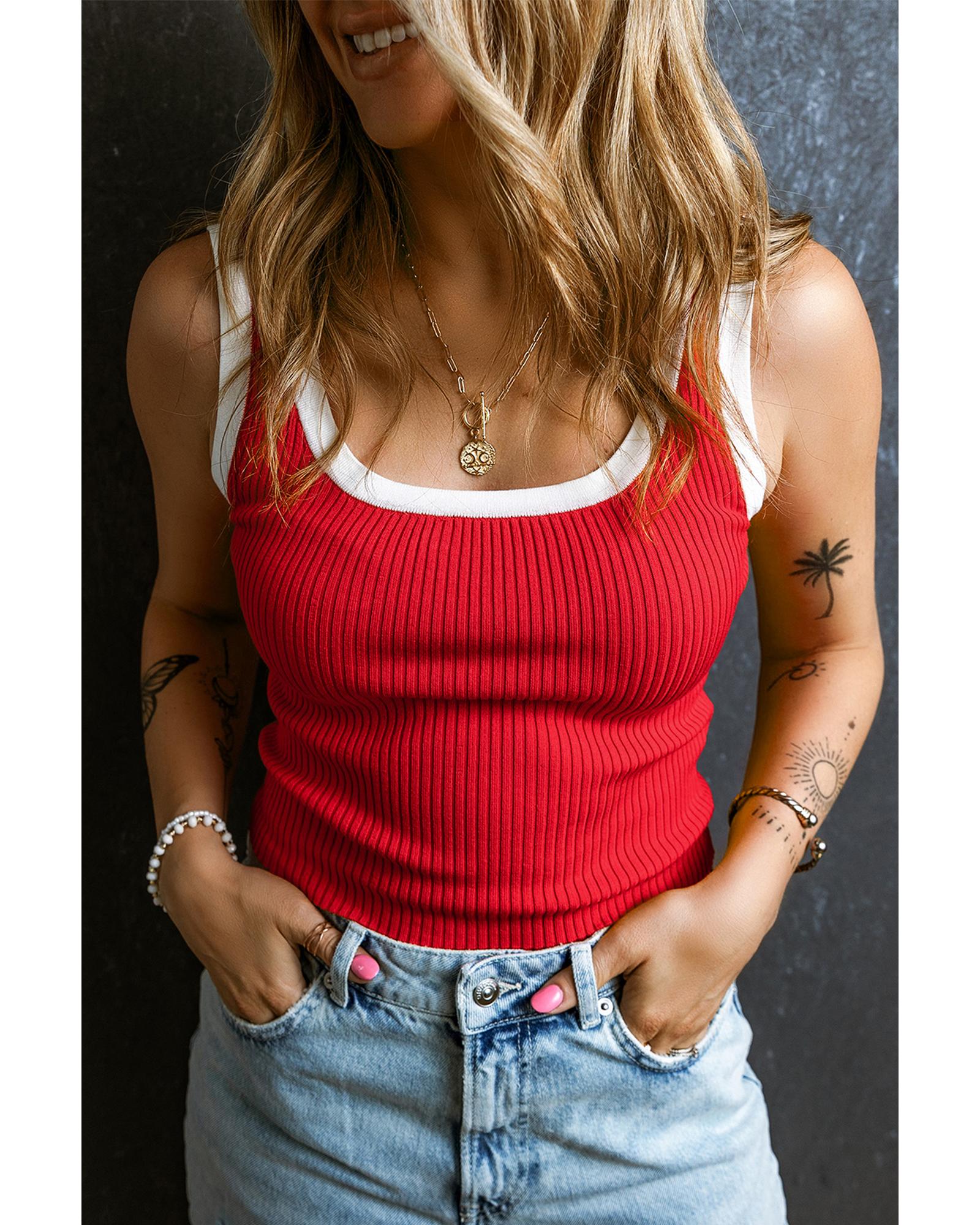 Fiery Red Colorblock Edge Ribbed Knit U Neck Tank Top - XL