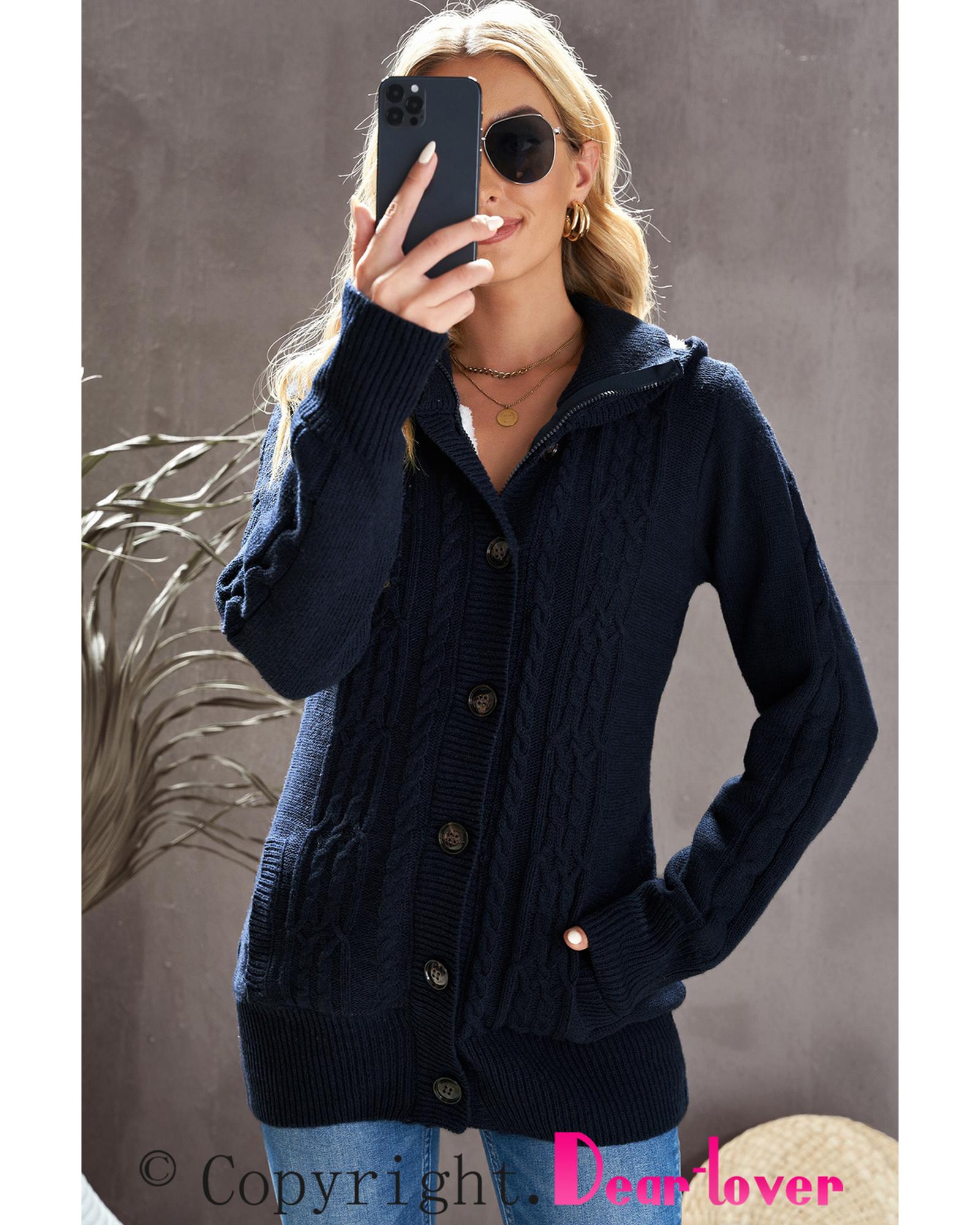 Navy Blue Long Sleeve Button-up Hooded Cardigans - 2XL