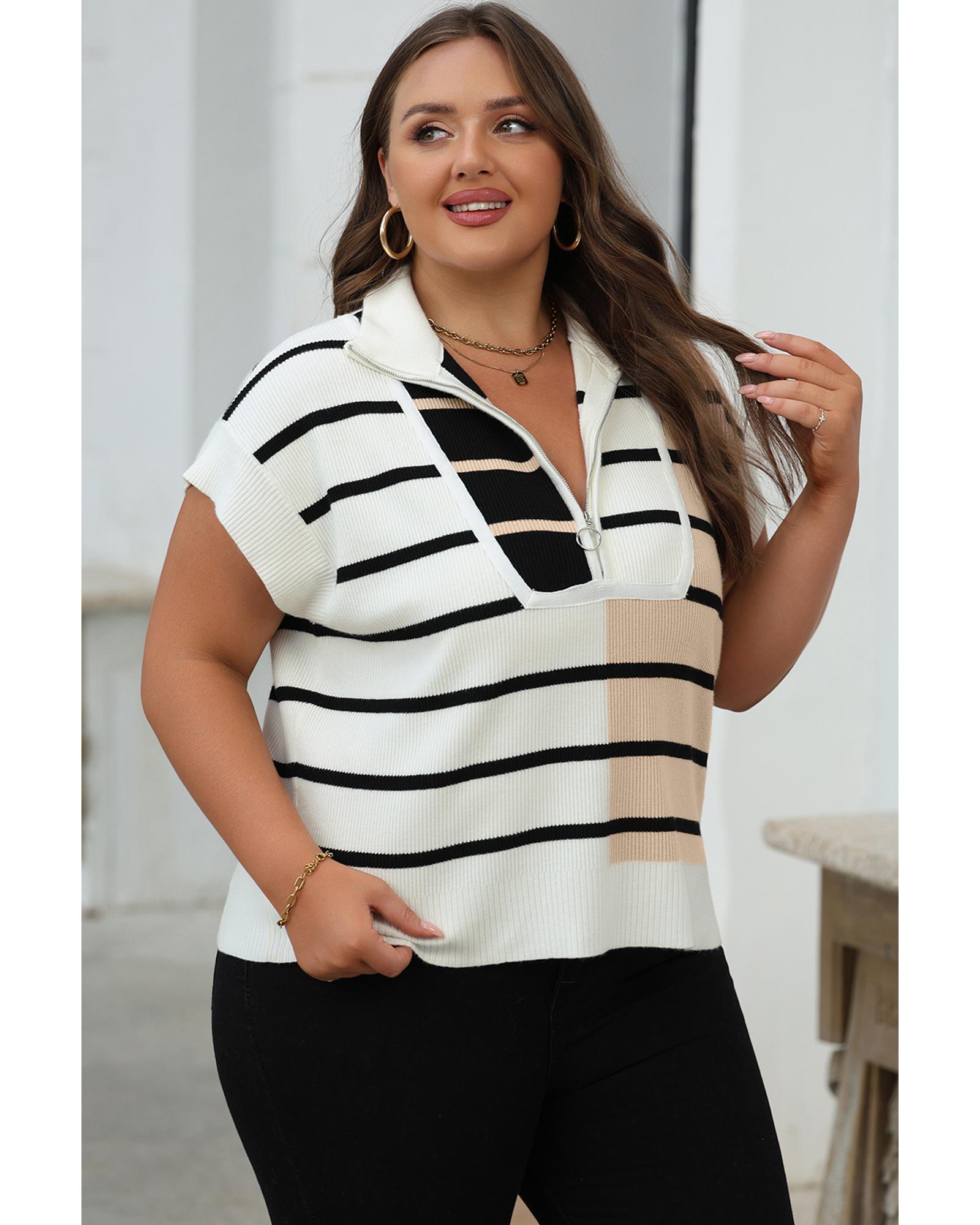 Black Stripe Colorblock Quarter Zip Collar Sweater Vest - S