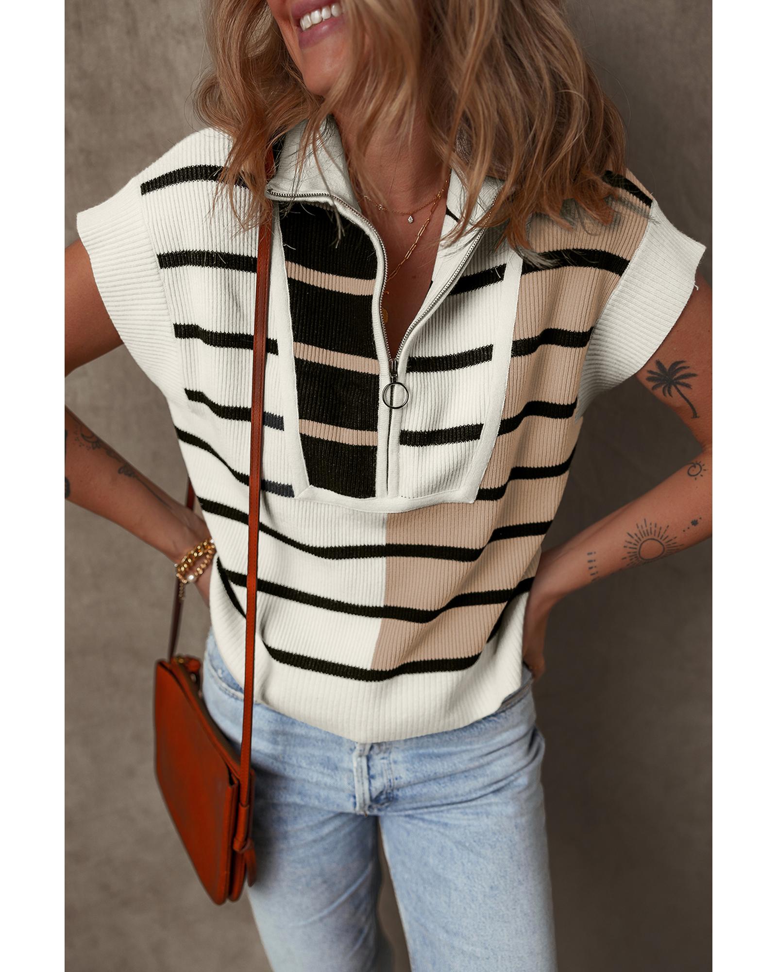 Black Stripe Colorblock Quarter Zip Collar Sweater Vest - S