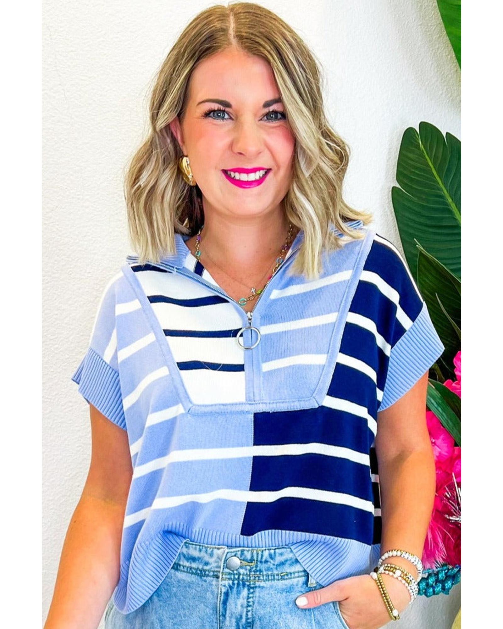 Sky Blue Stripe Colorblock Quarter Zip Collar Sweater Vest - 2XL