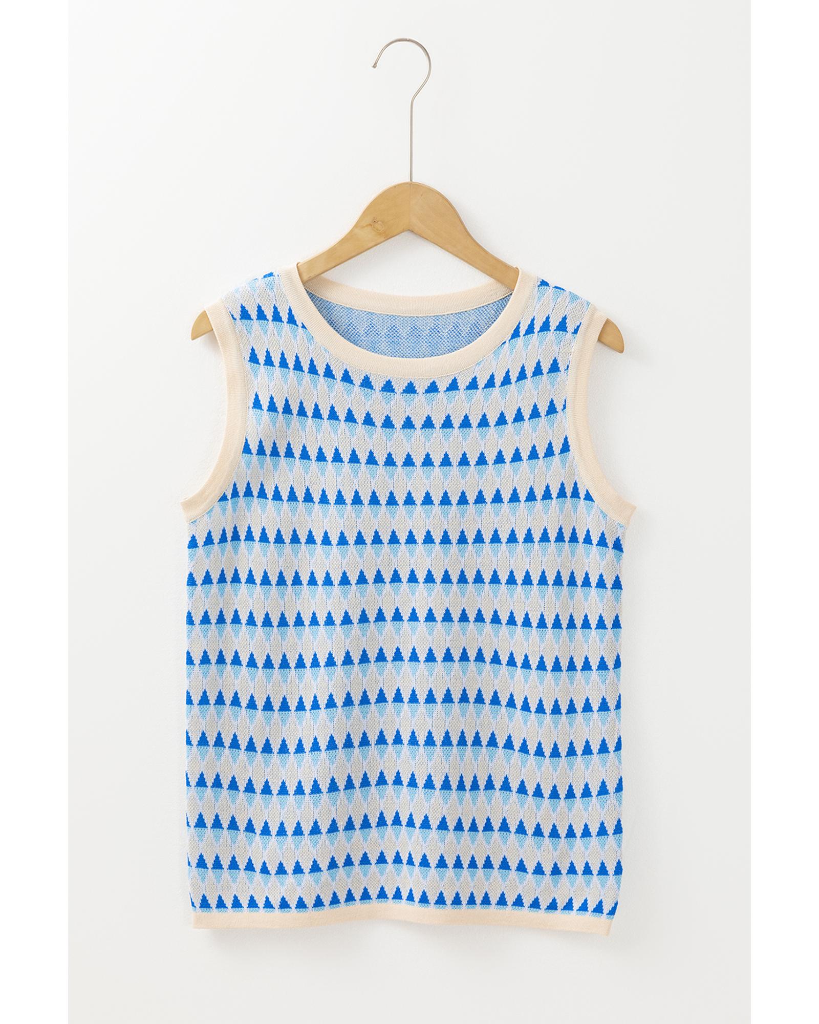 Sky Blue Stripe Geometric Print Round Neck Slim Fit Sweater Vest - S