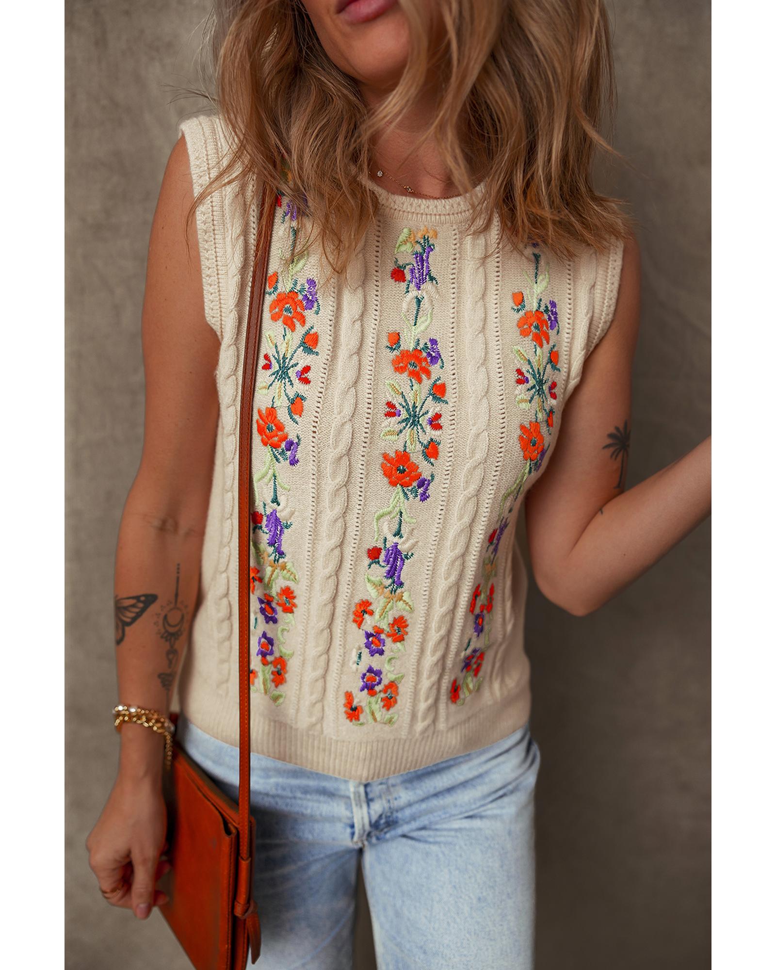 Jet Stream Embroidered Floral Cable Knit Sweater Vest - M