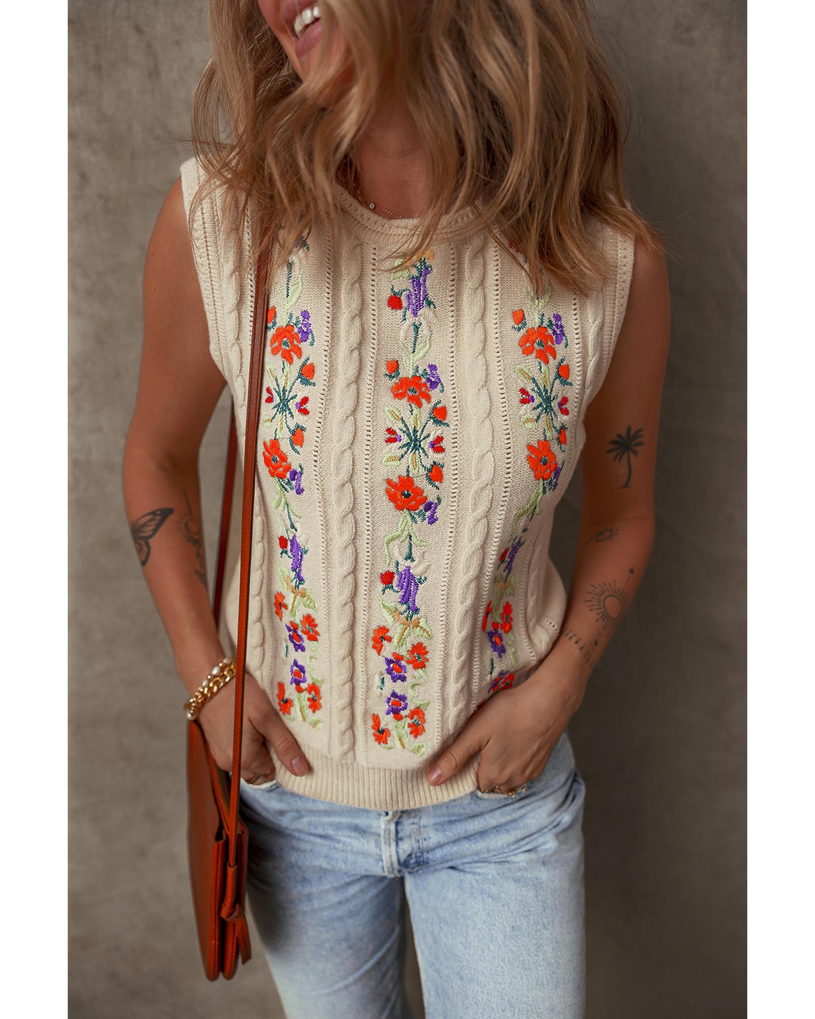 Jet Stream Embroidered Floral Cable Knit Sweater Vest - XL