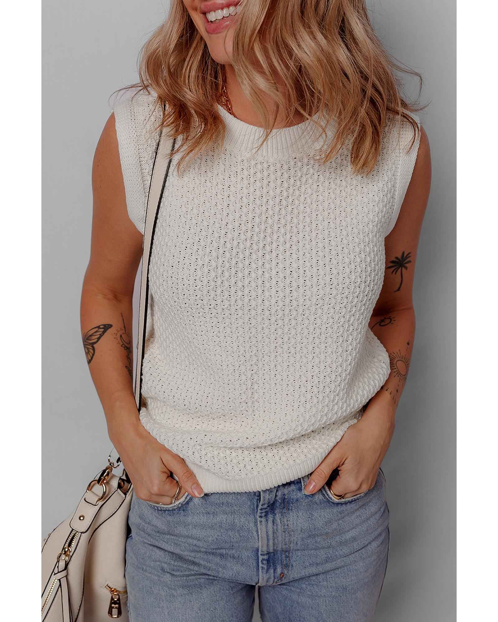 White Solid Color Eyelet Knit Crew Neck Sweater Vest - L