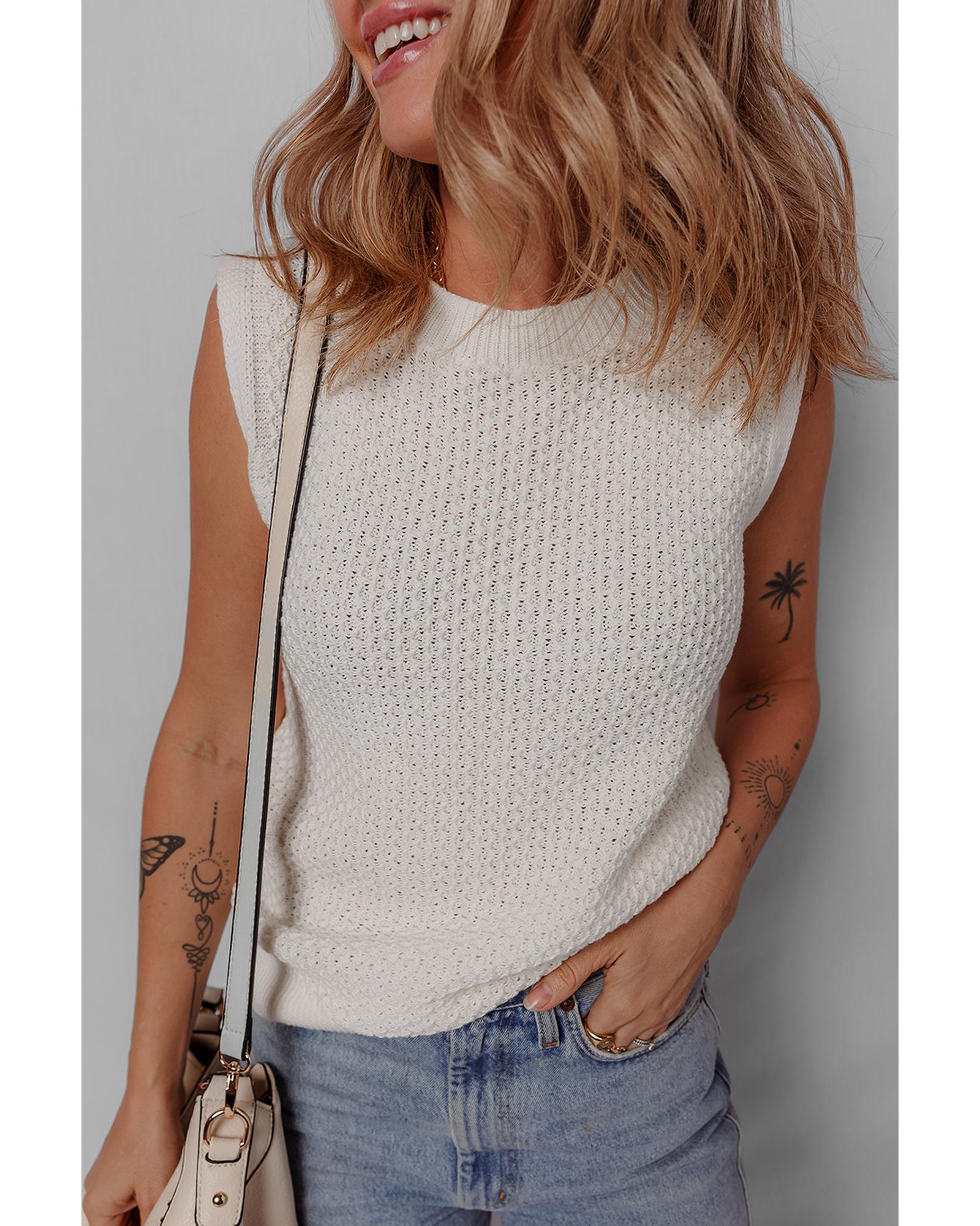 White Solid Color Eyelet Knit Crew Neck Sweater Vest - L