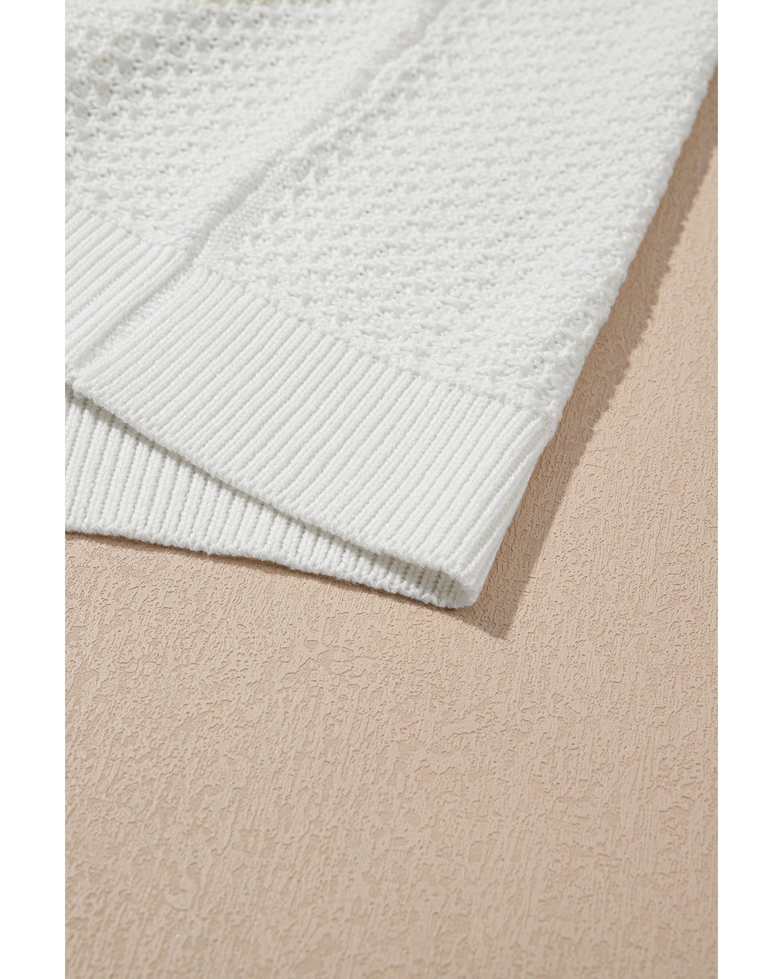 White Solid Color Eyelet Knit Crew Neck Sweater Vest - L