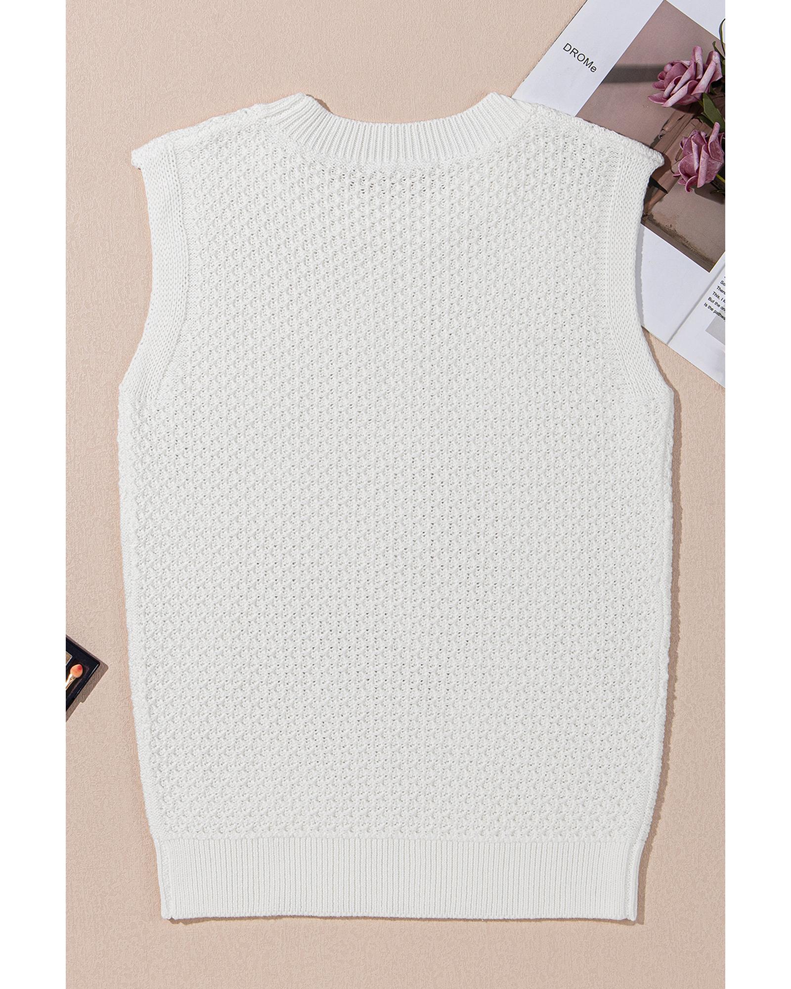 White Solid Color Eyelet Knit Crew Neck Sweater Vest - XL