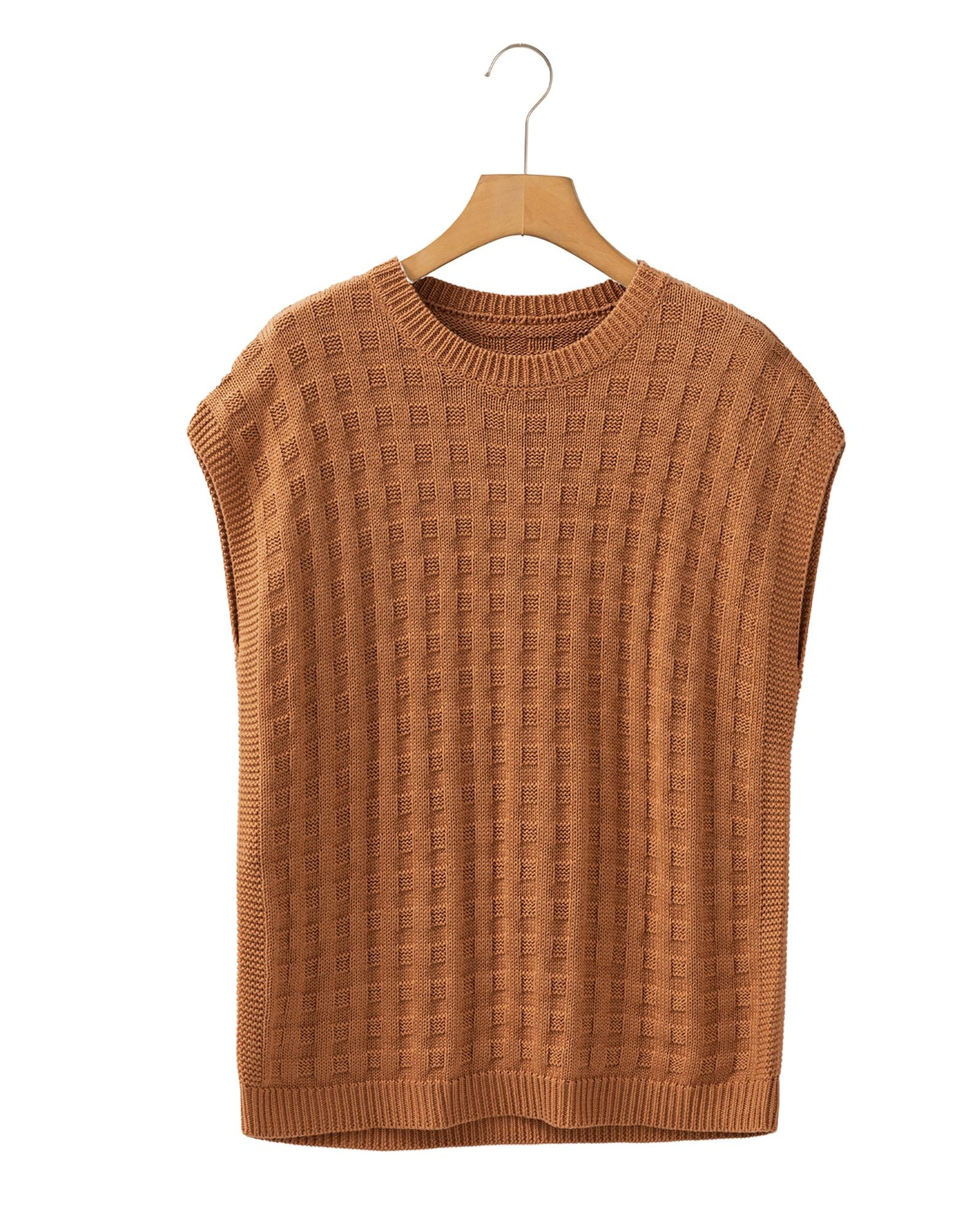 Camel Round Neck Textured Knit Sweater Vest - L