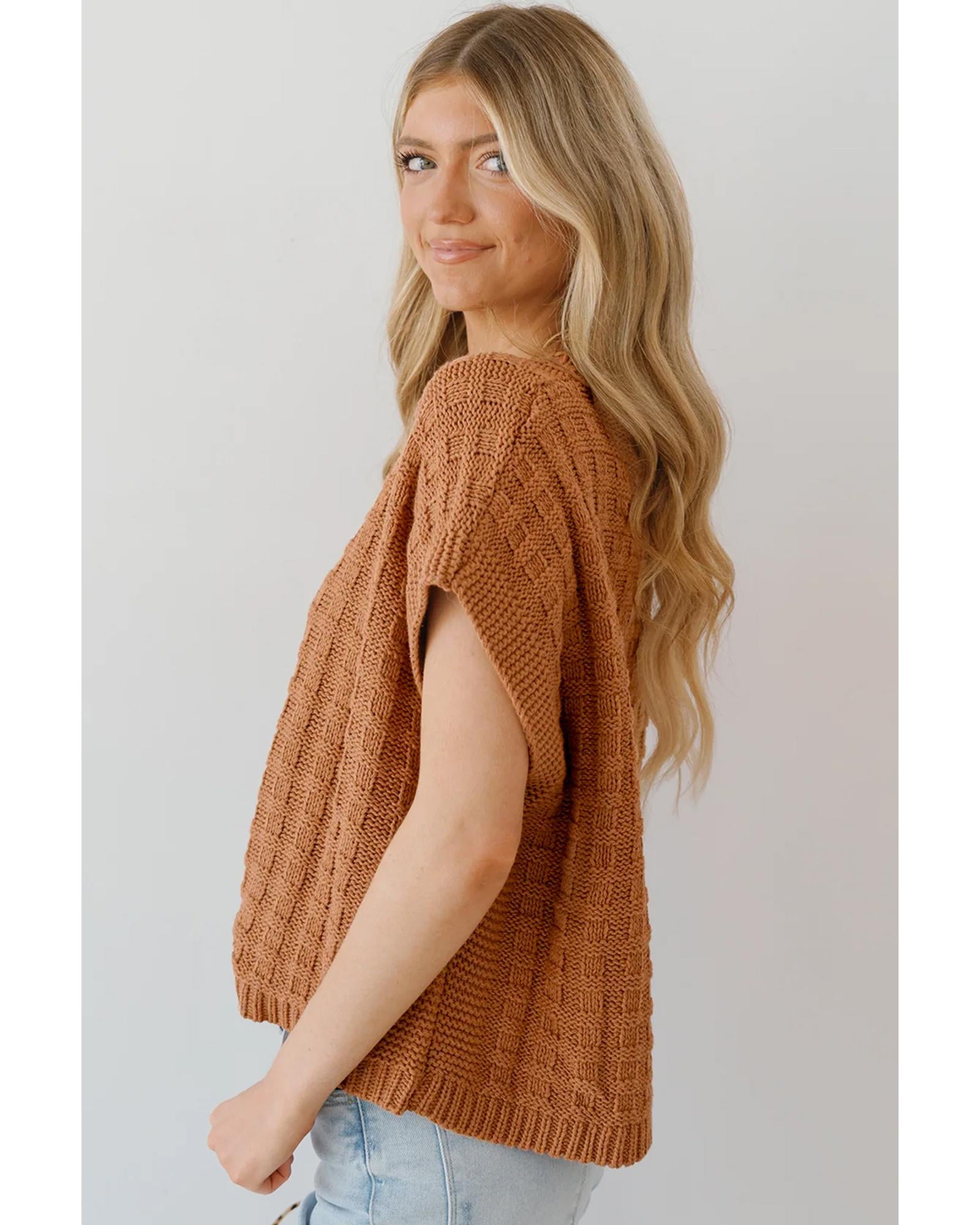 Camel Round Neck Textured Knit Sweater Vest - M