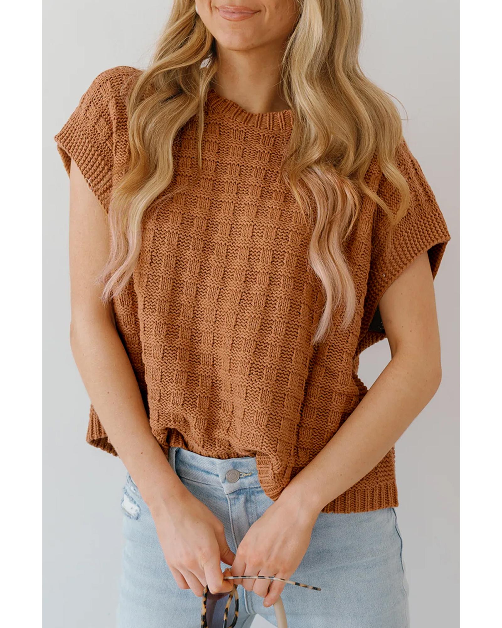 Camel Round Neck Textured Knit Sweater Vest - S