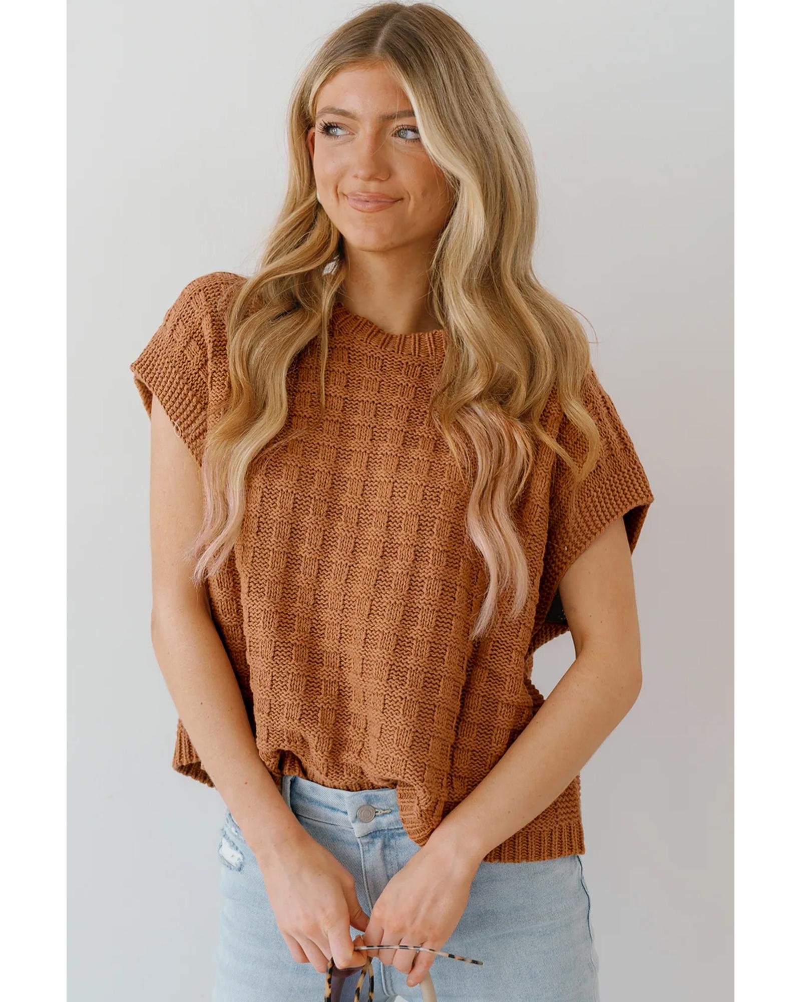 Camel Round Neck Textured Knit Sweater Vest - S