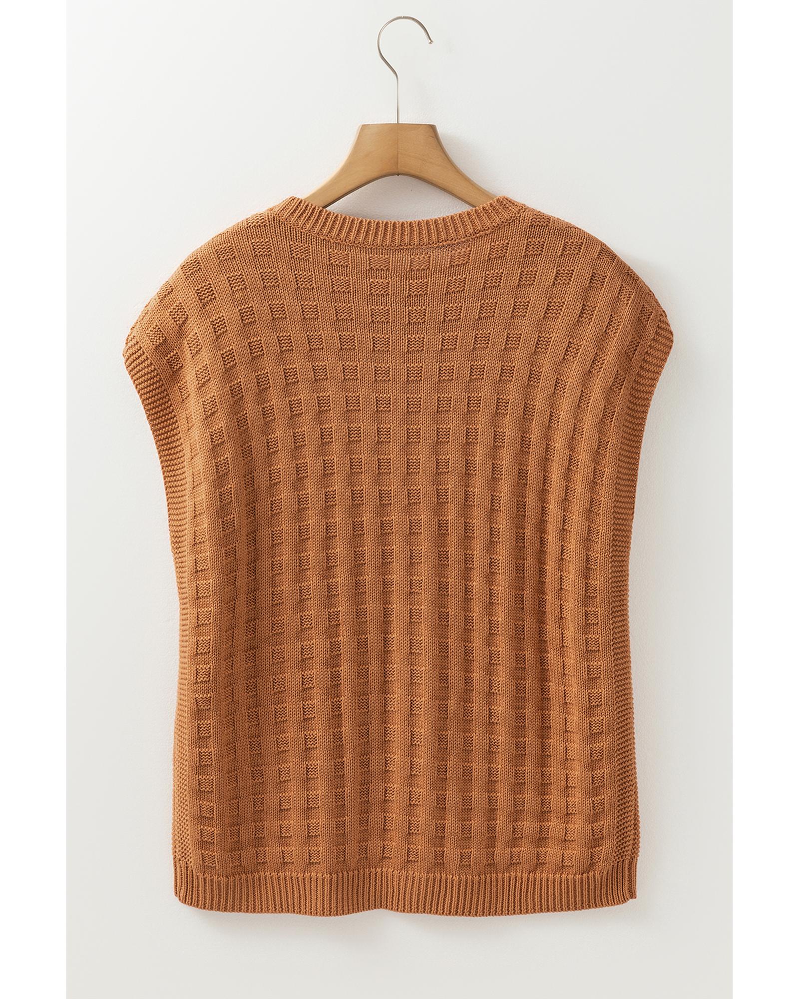 Camel Round Neck Textured Knit Sweater Vest - S