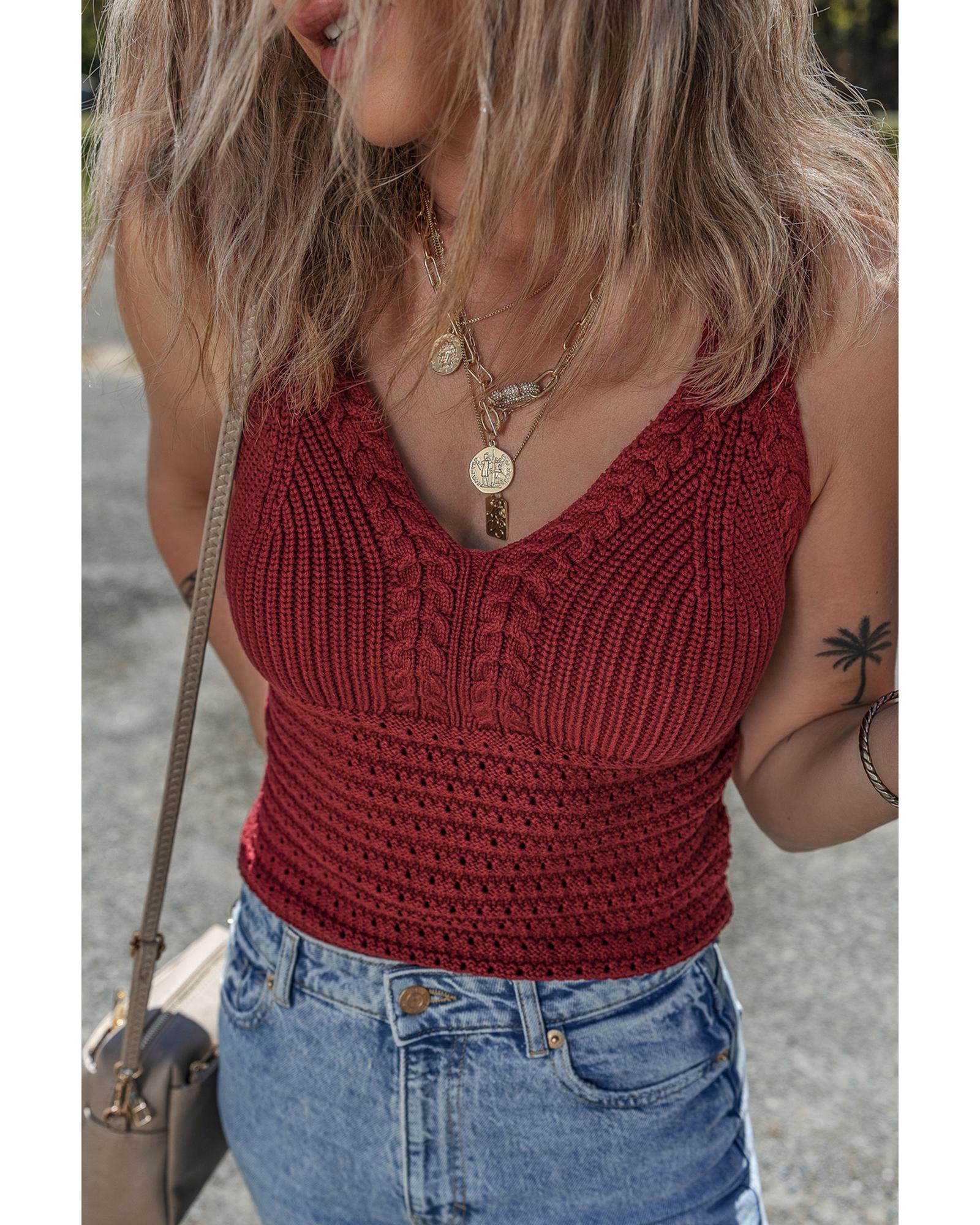 Burgundy Cable Knit Pointelle Slim Fit V Neck Sweater Vest - XL