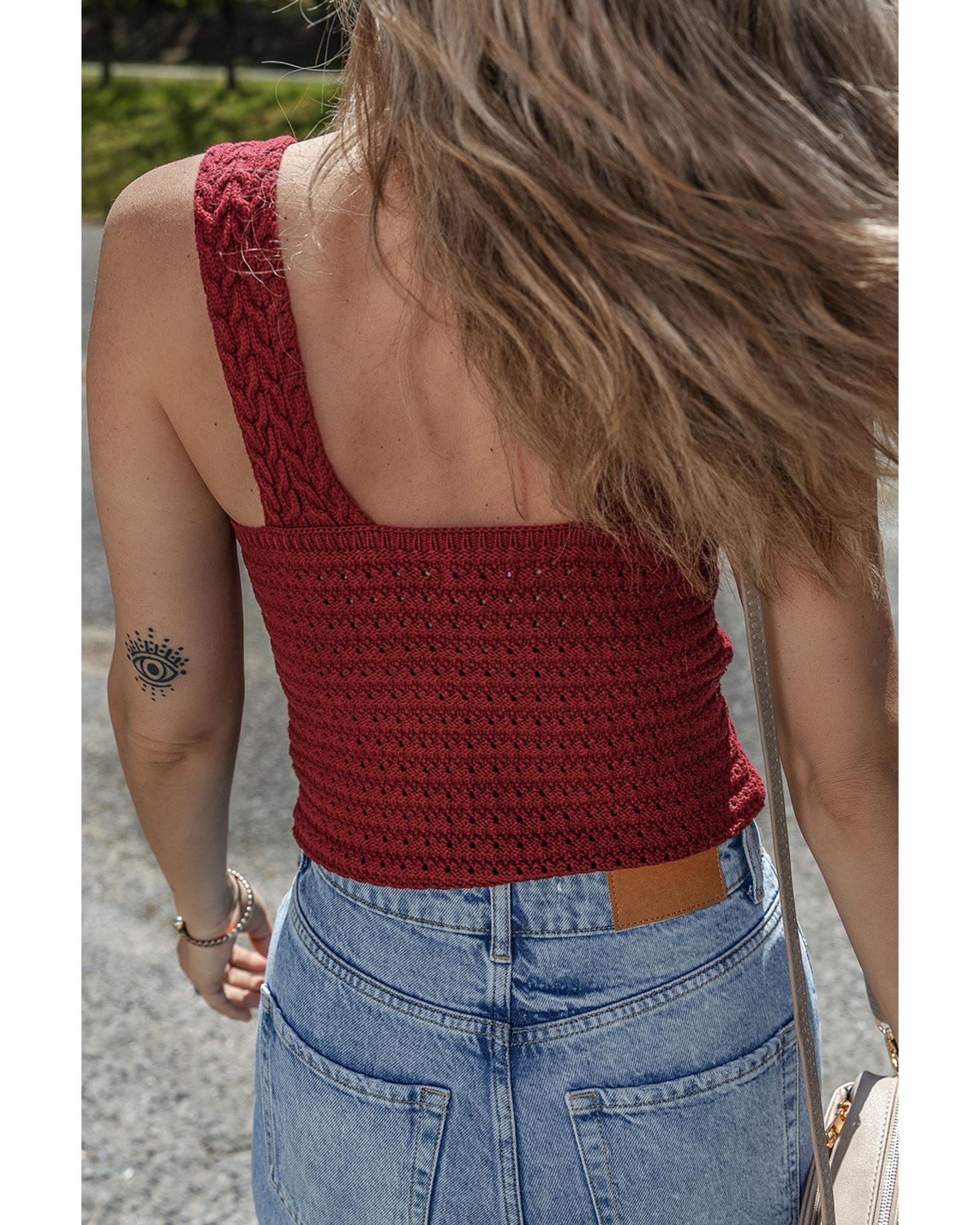 Burgundy Cable Knit Pointelle Slim Fit V Neck Sweater Vest - XL