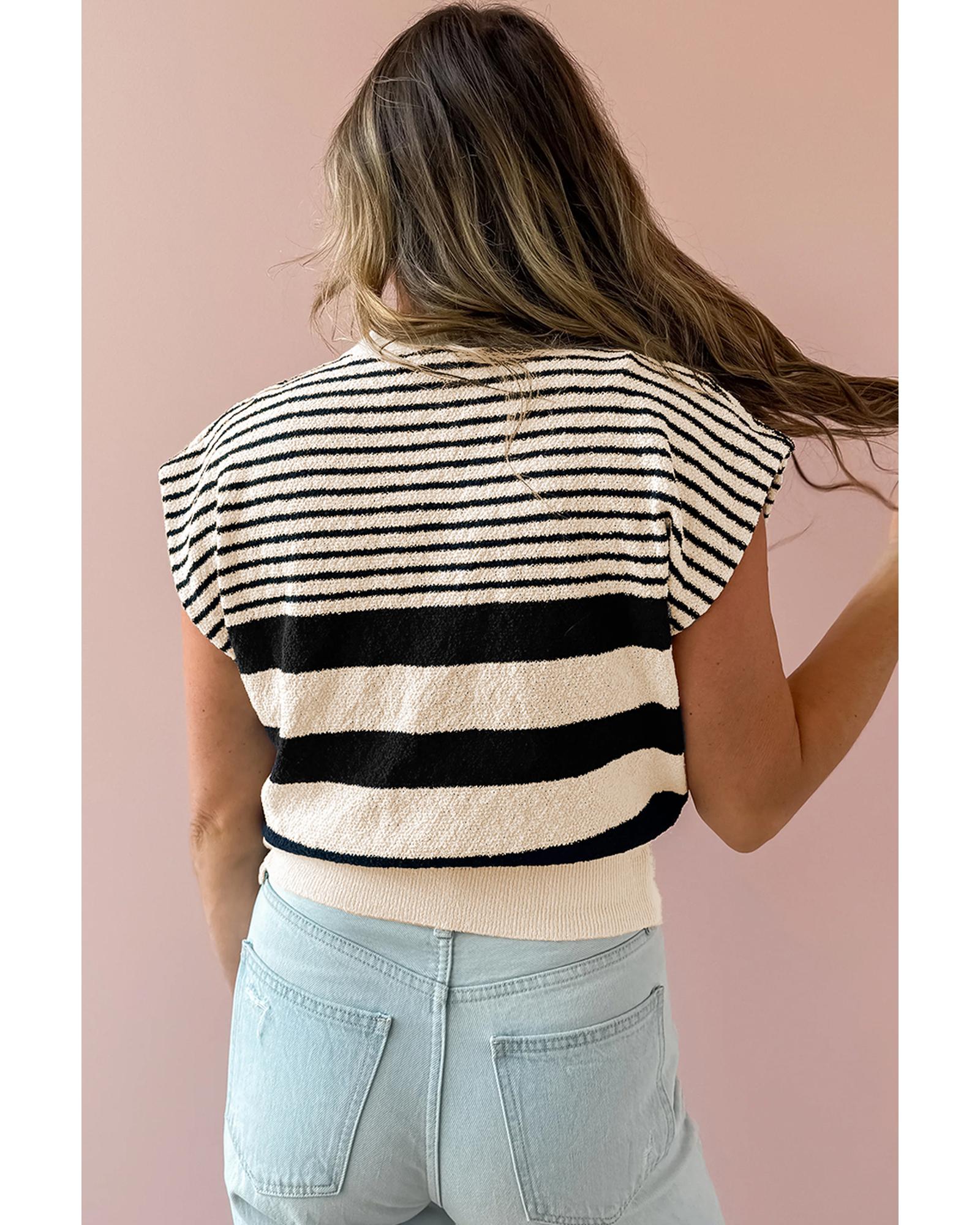 Black white Striped O Neck Sweater Vest - S
