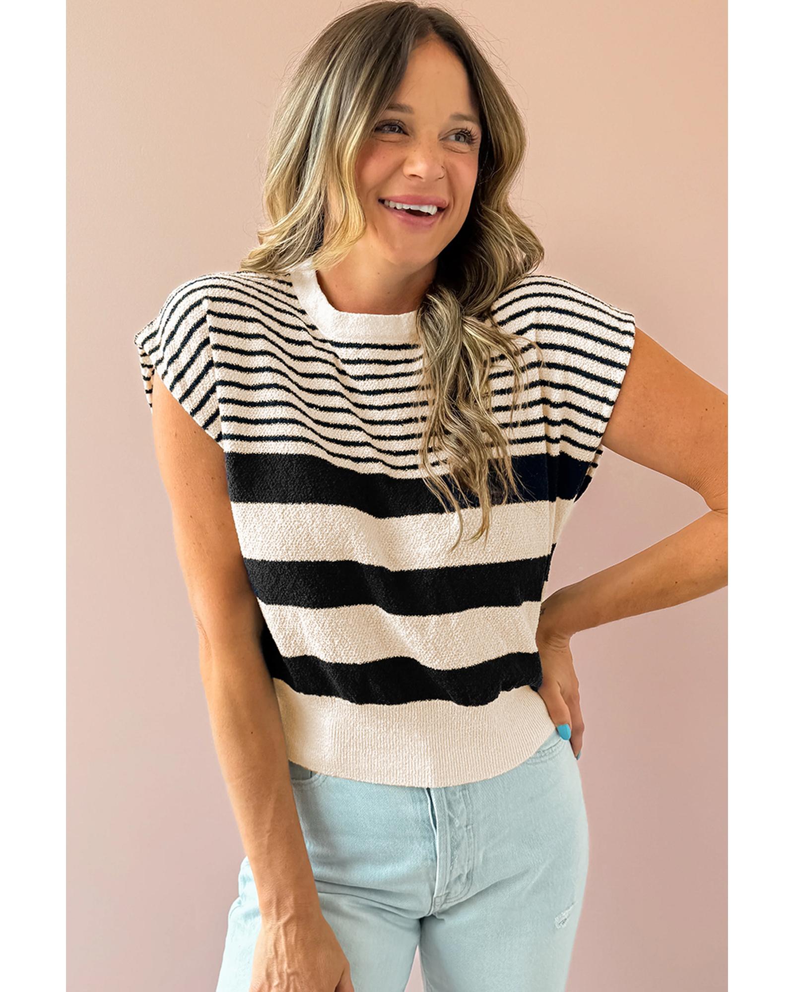 Black white Striped O Neck Sweater Vest - S