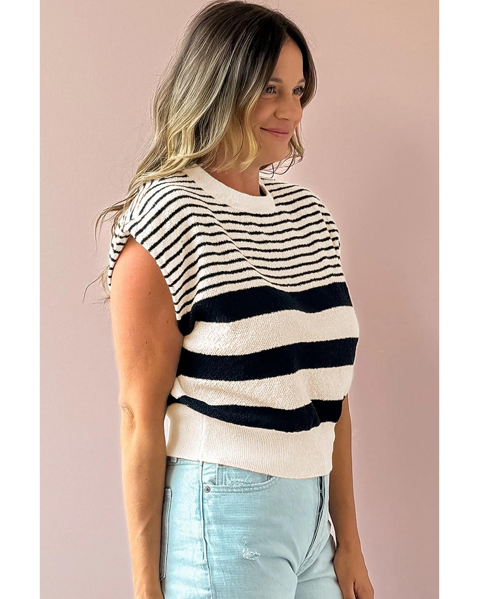 Black white Striped O Neck Sweater Vest - S