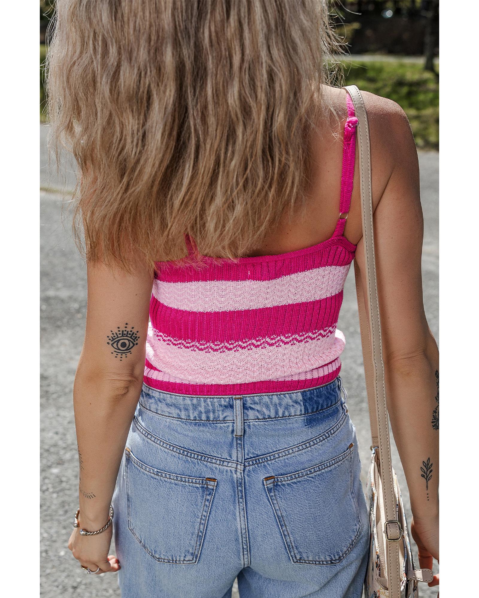 Red Stripe Spaghetti Strap V Neck Sweater Vest - L