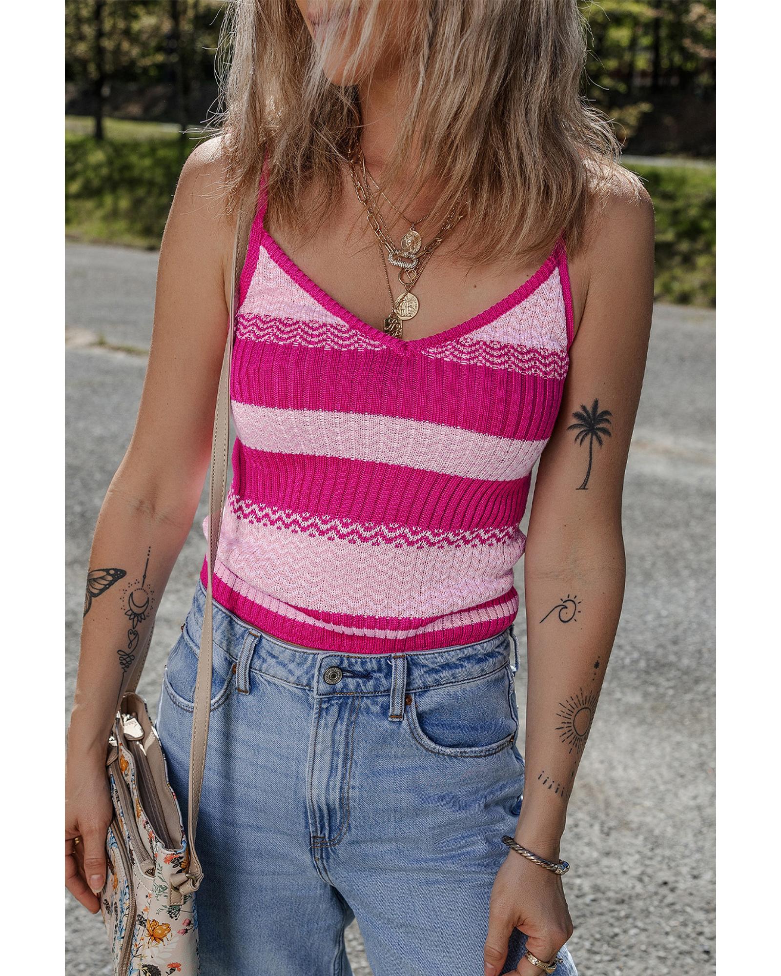 Red Stripe Spaghetti Strap V Neck Sweater Vest - L