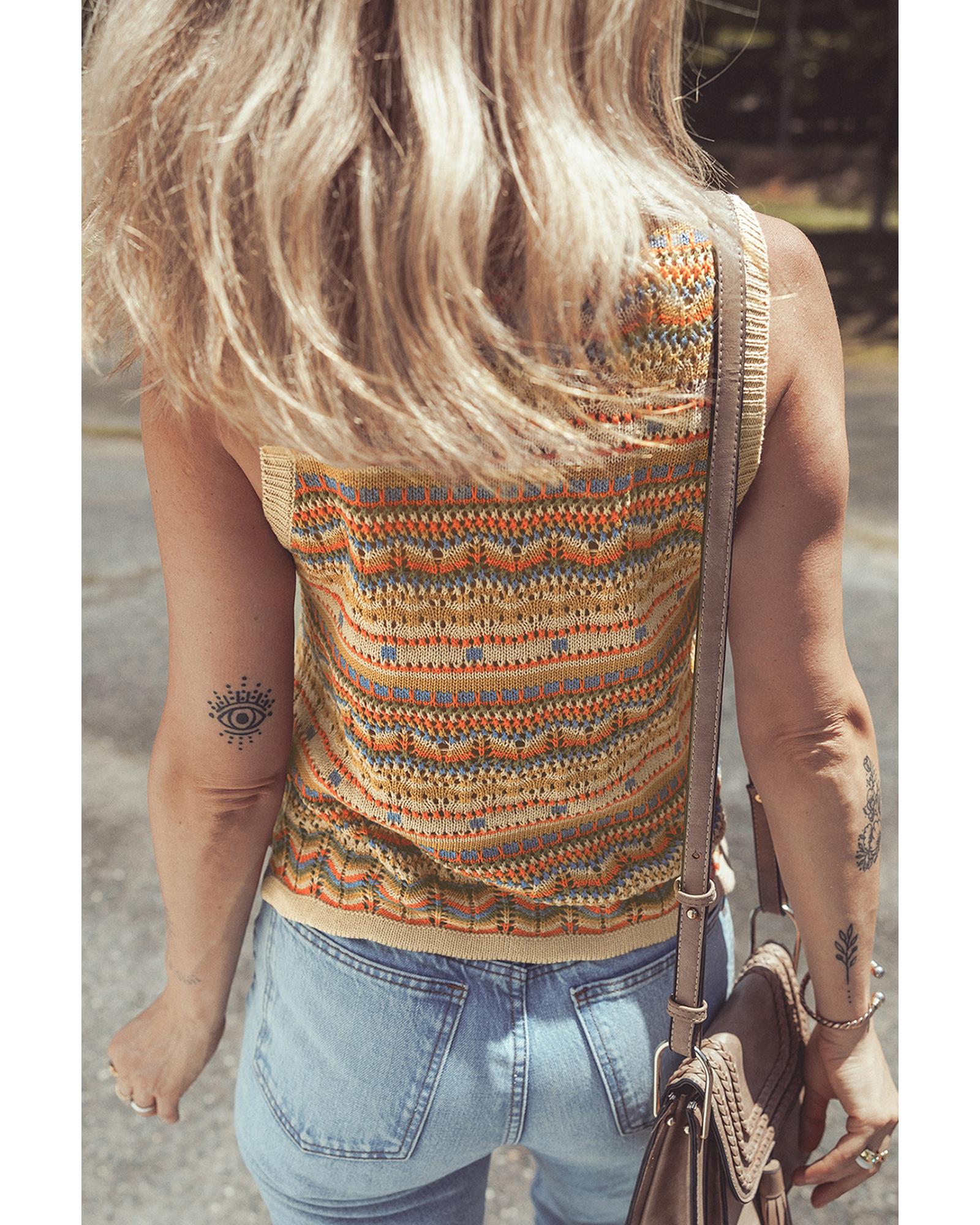 Brown Stripe Eyelet Crochet Round Neck Sweater Vest - M