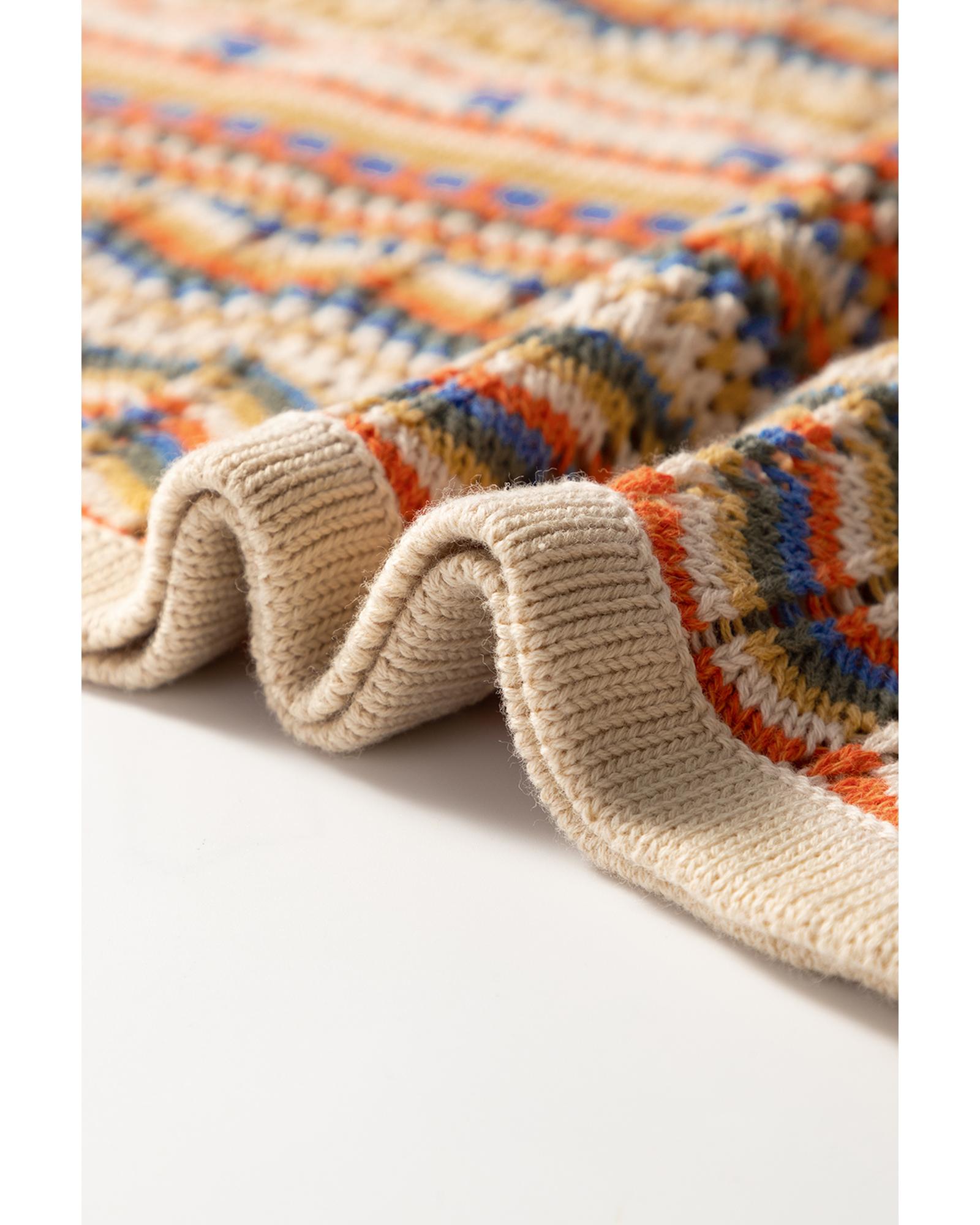 Brown Stripe Eyelet Crochet Round Neck Sweater Vest - M