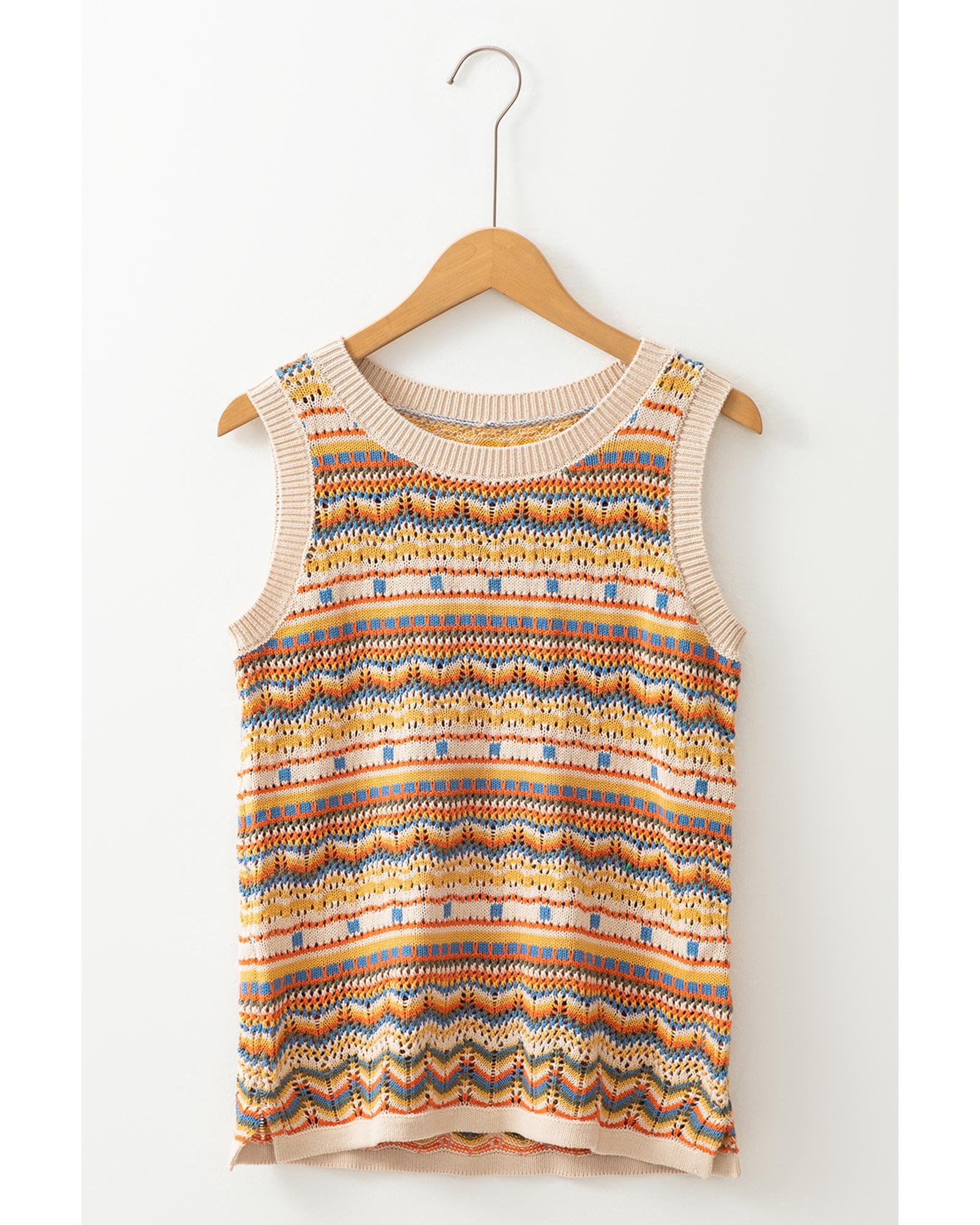 Brown Stripe Eyelet Crochet Round Neck Sweater Vest - M