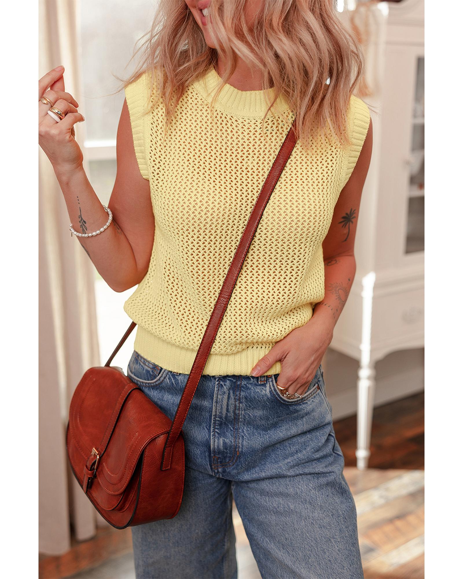 Yellow Solid Color Hollowed Knit Round Neck Sweater Vest - XL