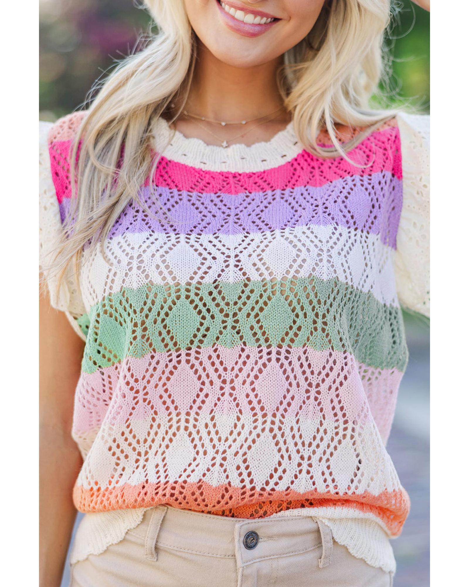 Rose Stripe Colorblock Hollowed Knit Scallop Edge Sweater Vest - M