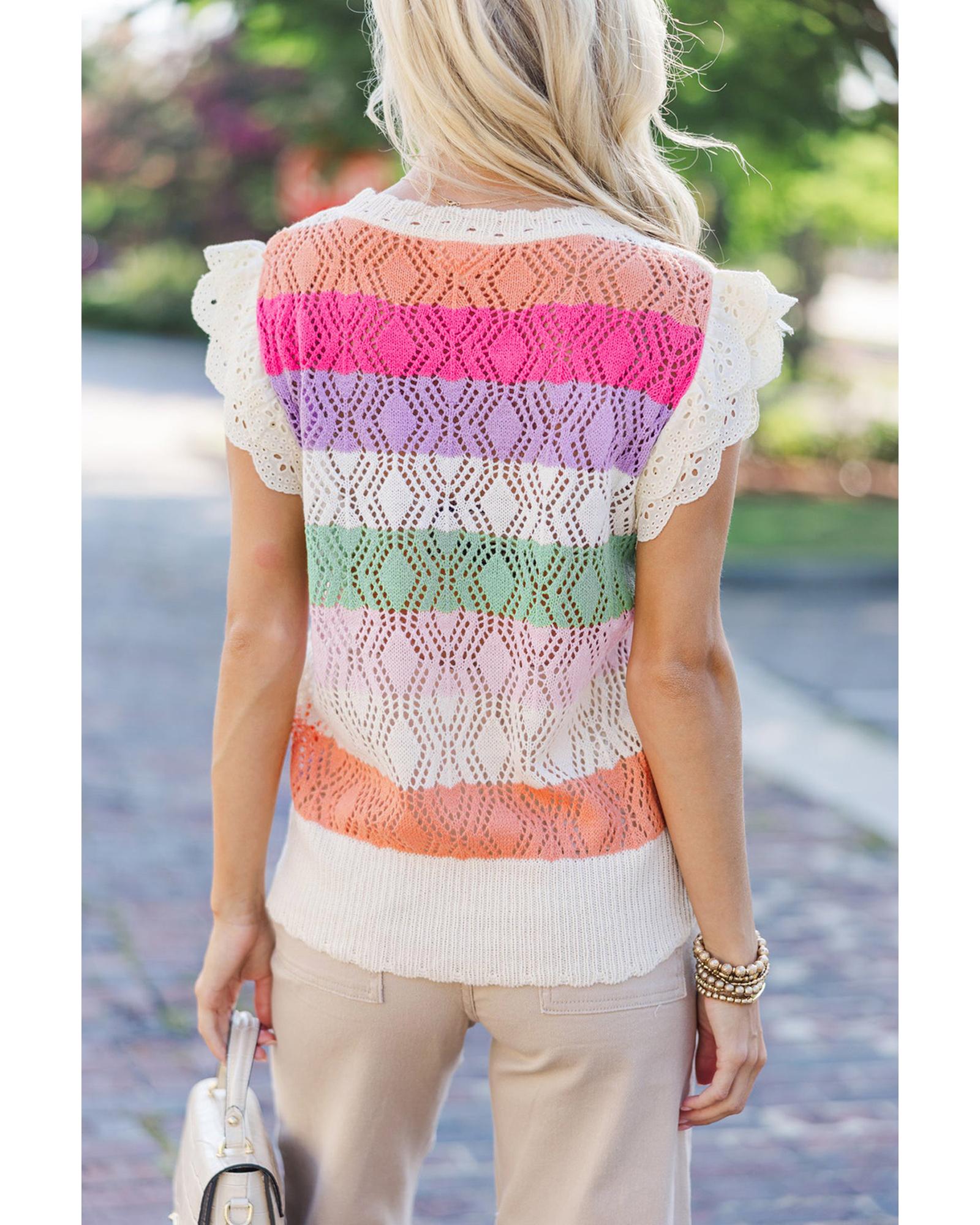 Rose Stripe Colorblock Hollowed Knit Scallop Edge Sweater Vest - S