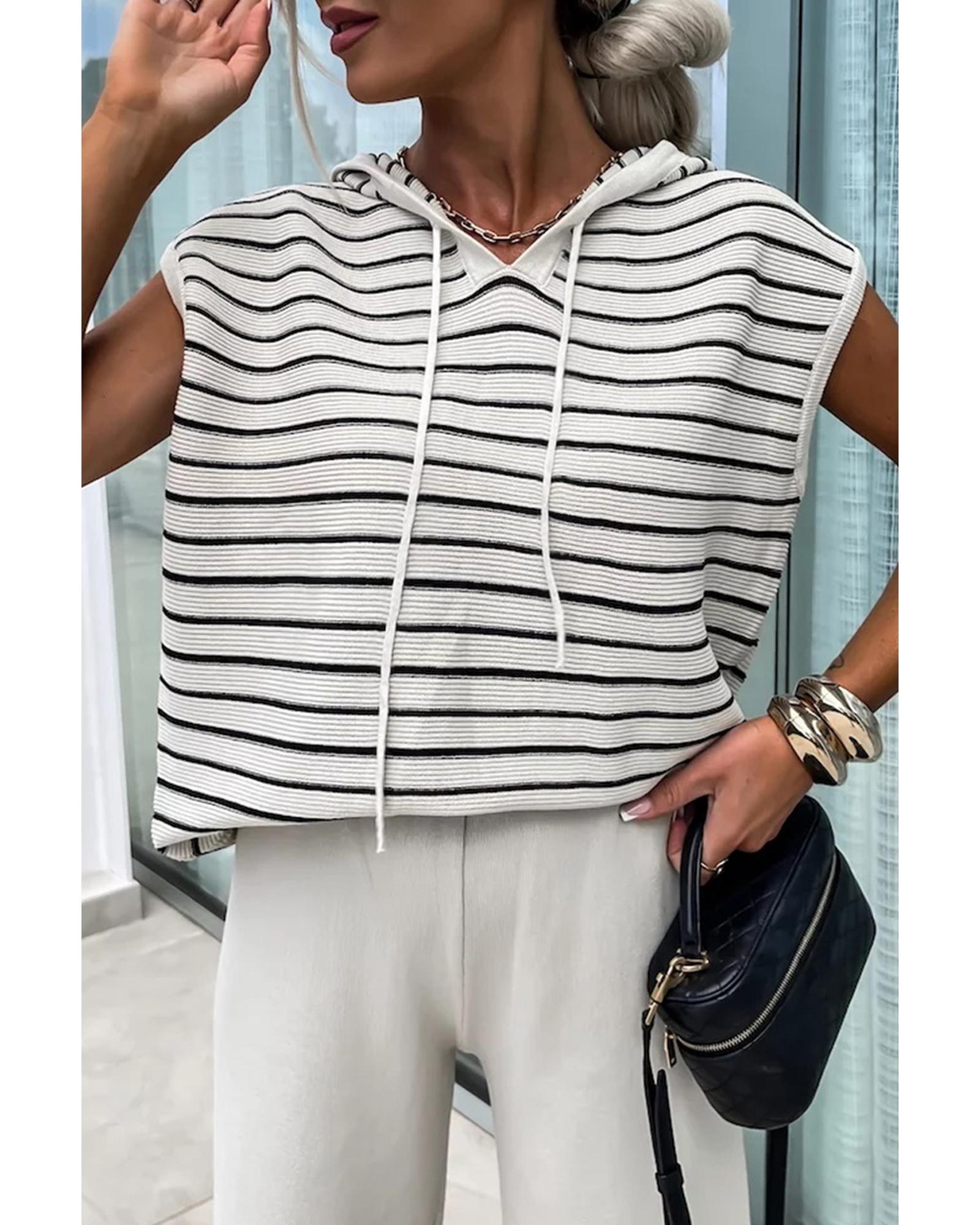 White Stripe Drawstring Hooded Loose Sweater T Shirt - L