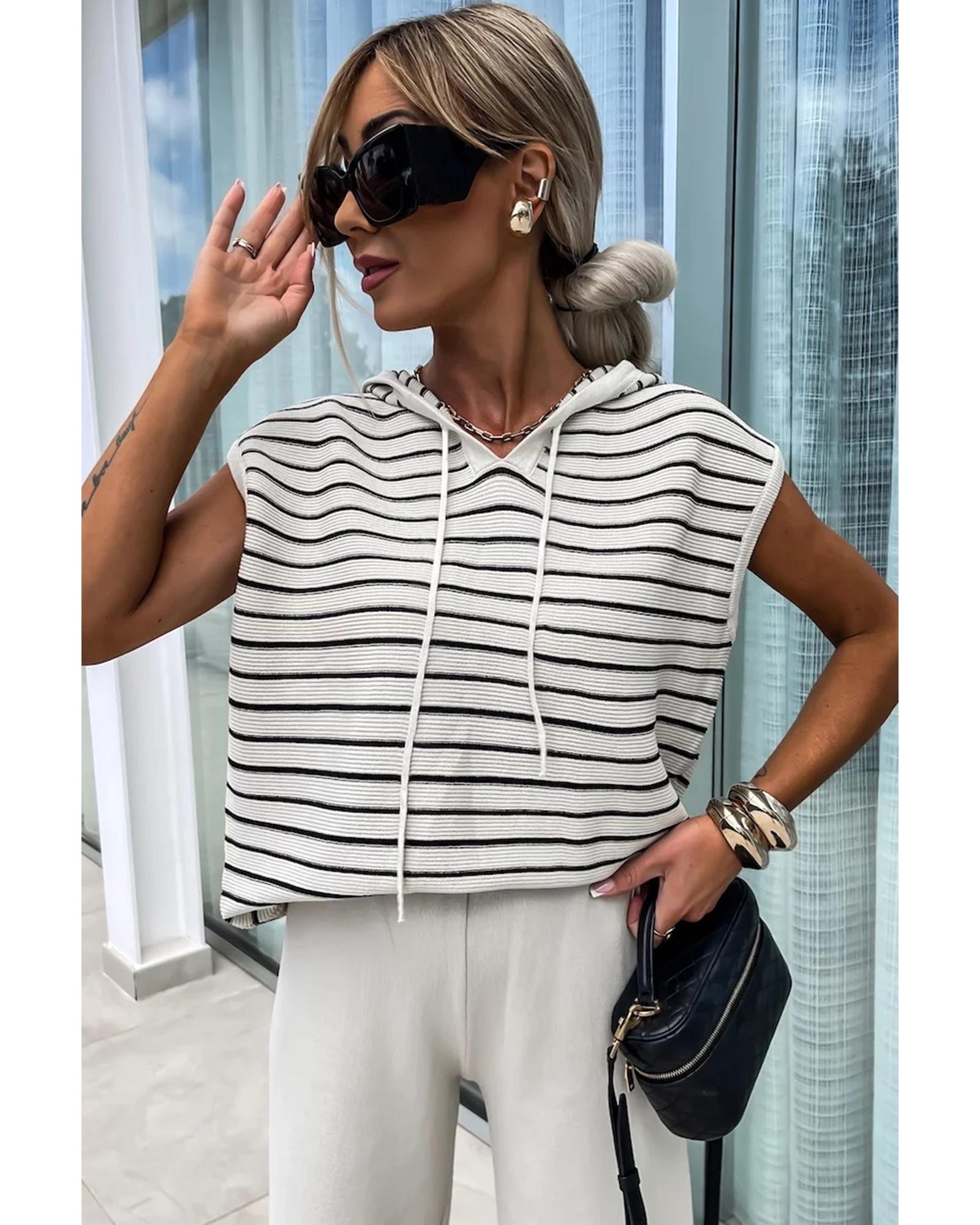 White Stripe Drawstring Hooded Loose Sweater T Shirt - L