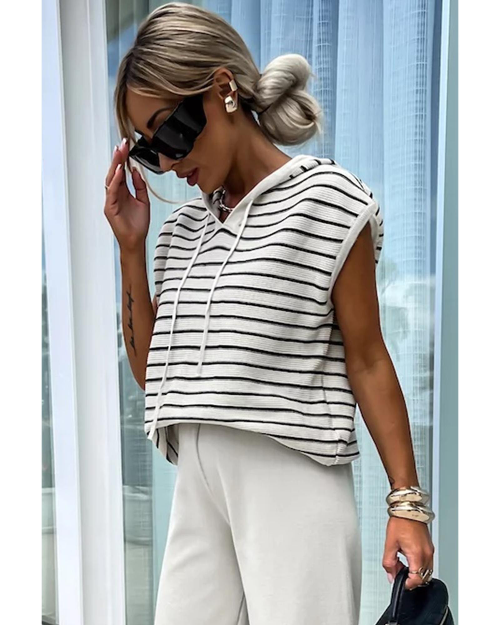 White Stripe Drawstring Hooded Loose Sweater T Shirt - L