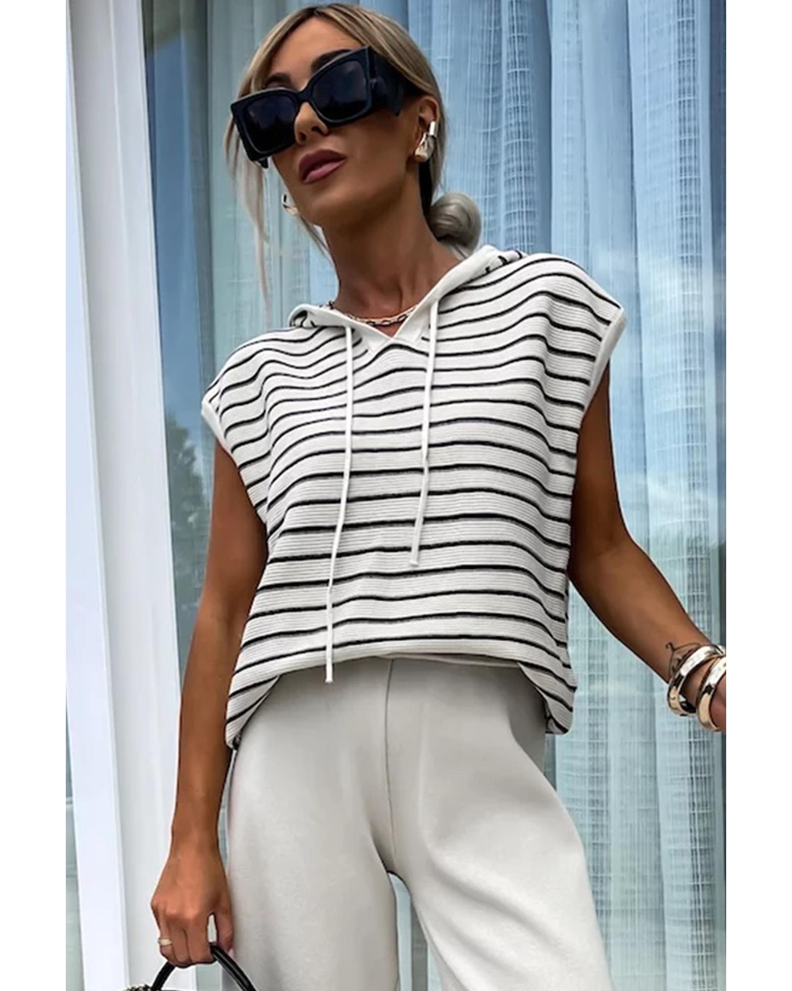 White Stripe Drawstring Hooded Loose Sweater T Shirt - L