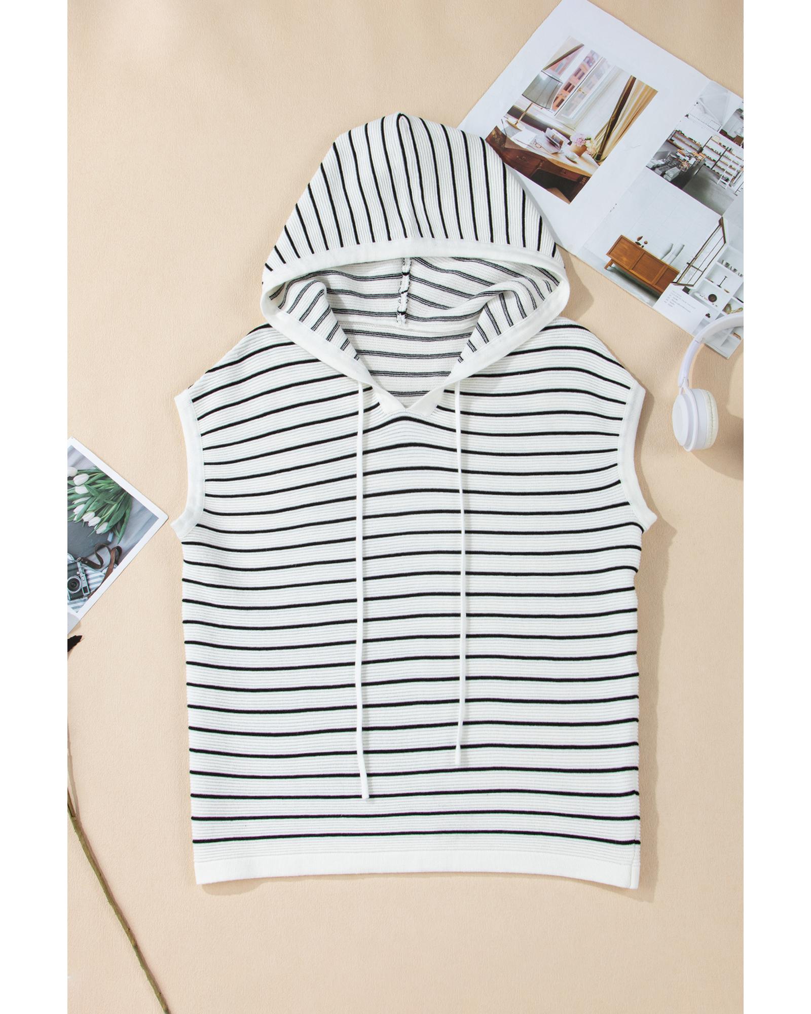 White Stripe Drawstring Hooded Loose Sweater T Shirt - L