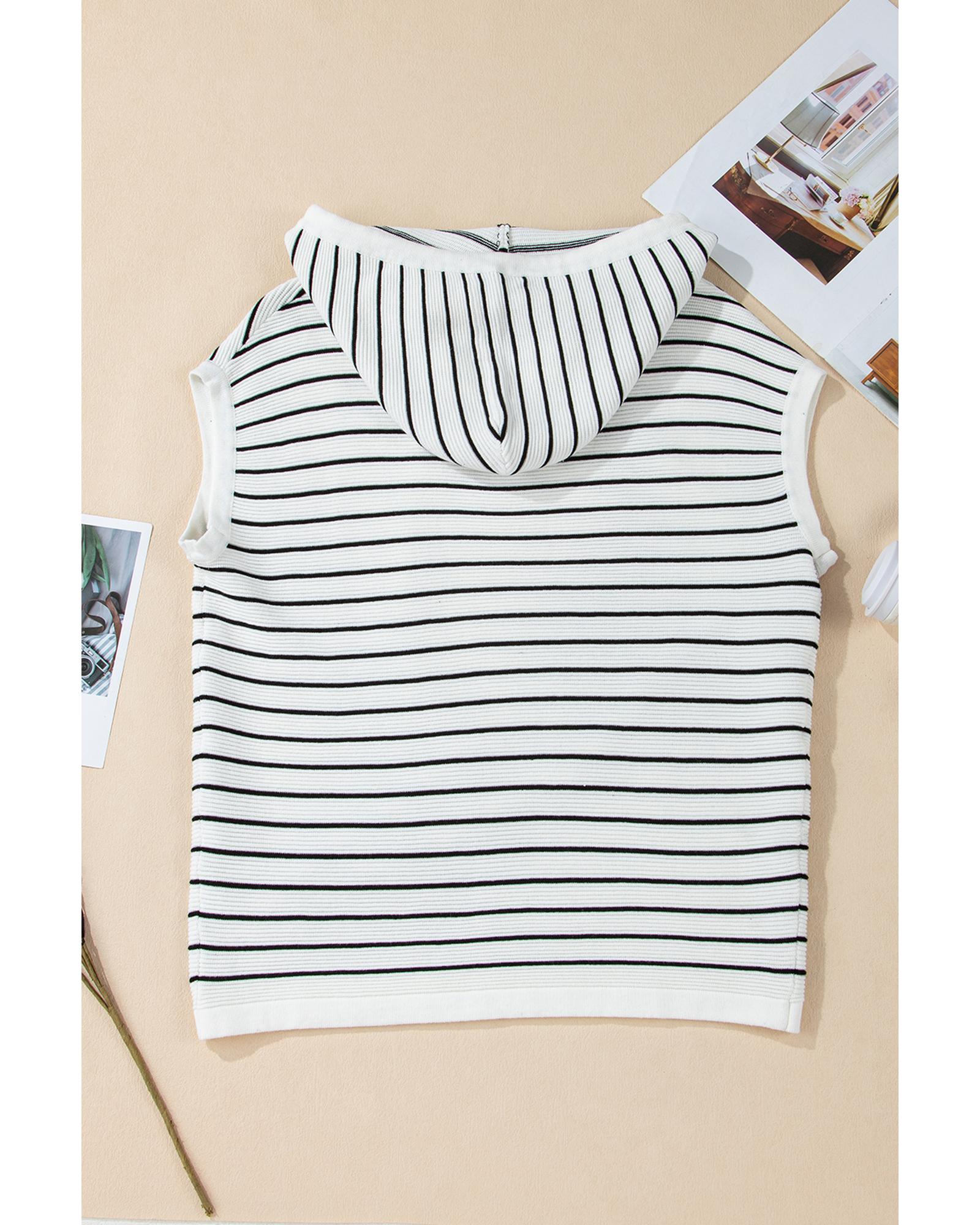 White Stripe Drawstring Hooded Loose Sweater T Shirt - L
