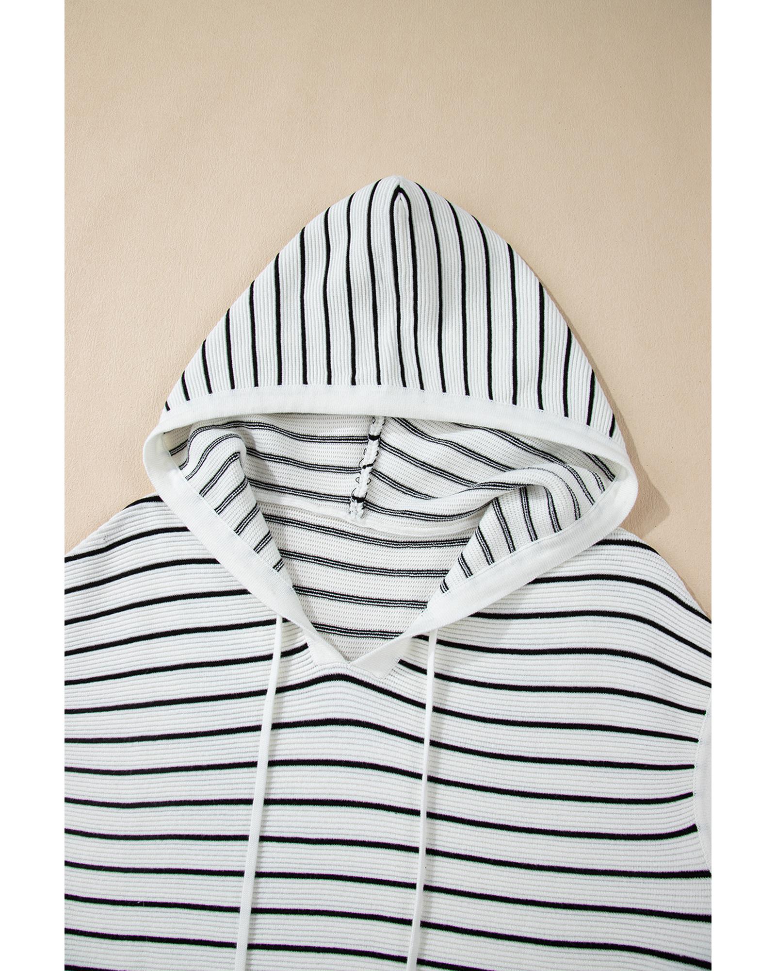 White Stripe Drawstring Hooded Loose Sweater T Shirt - L