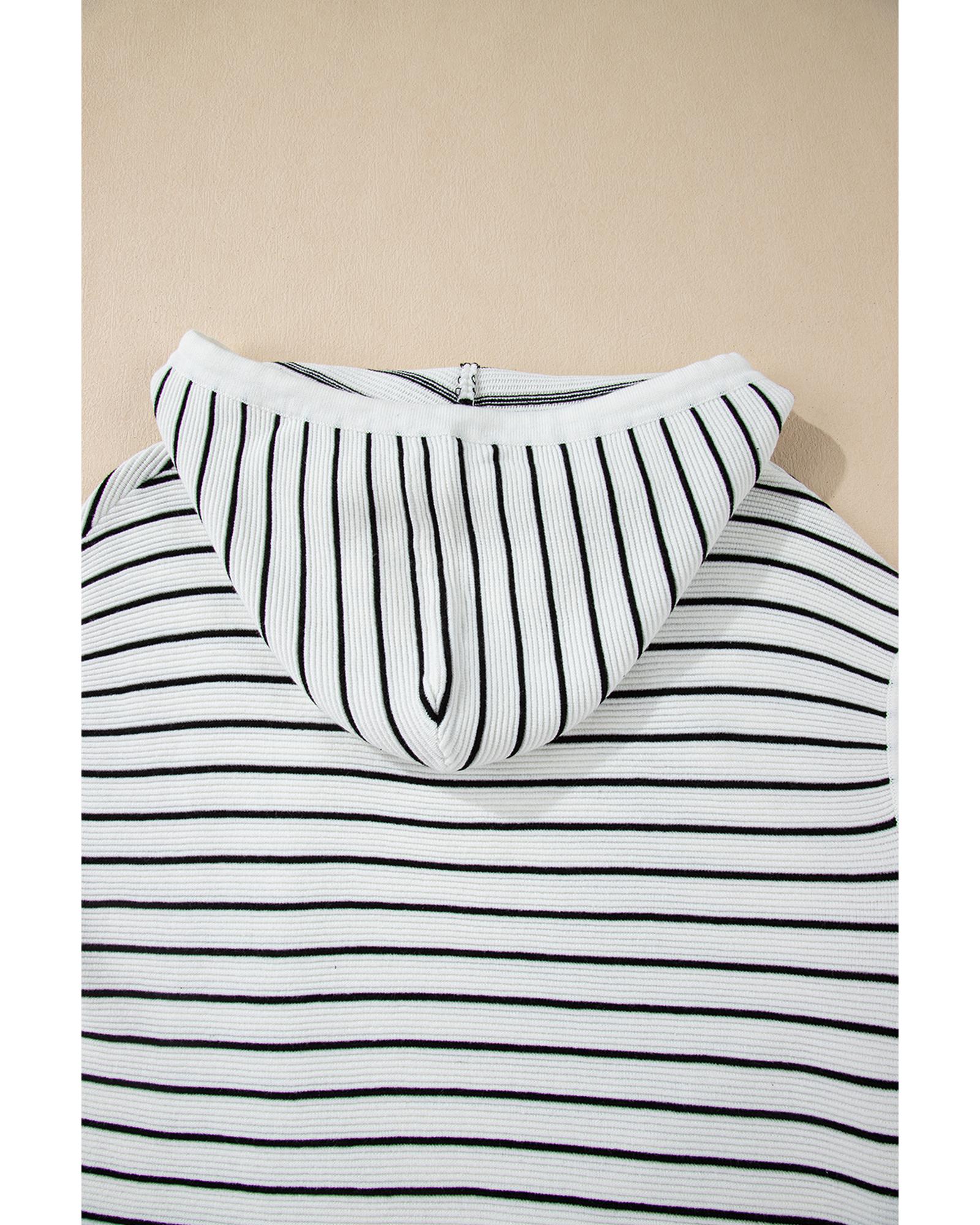 White Stripe Drawstring Hooded Loose Sweater T Shirt - L