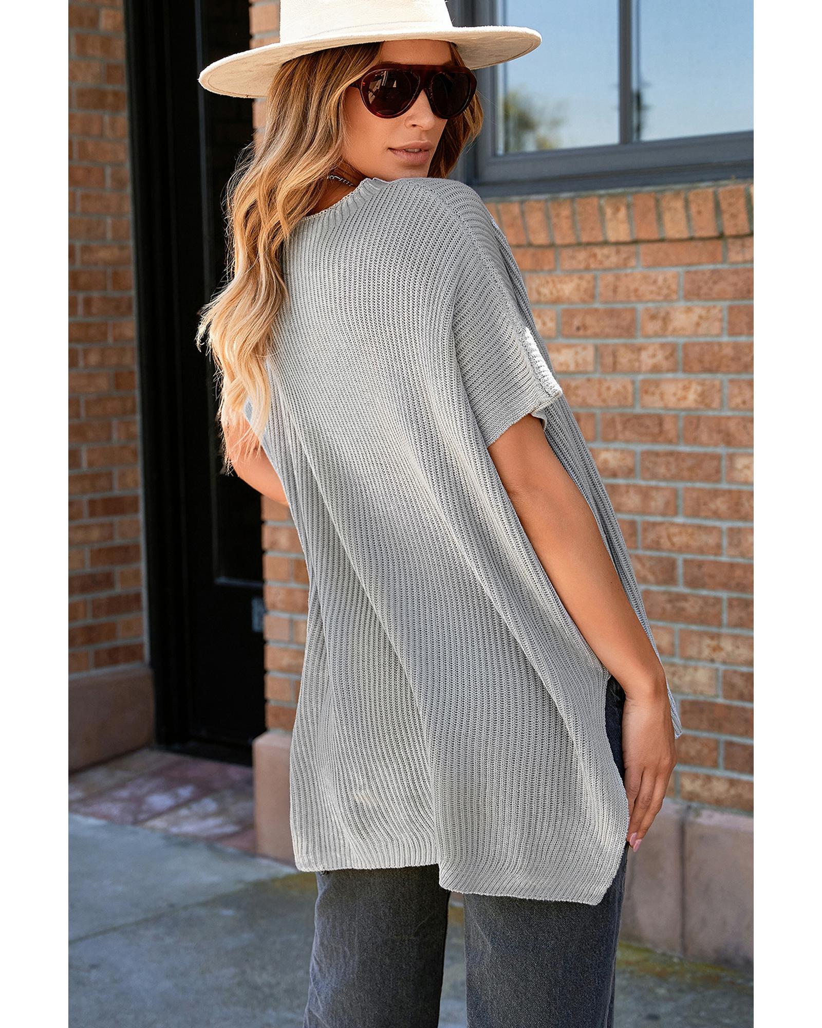 Gray Short Sleeve Side Slit Oversized Sweater - M
