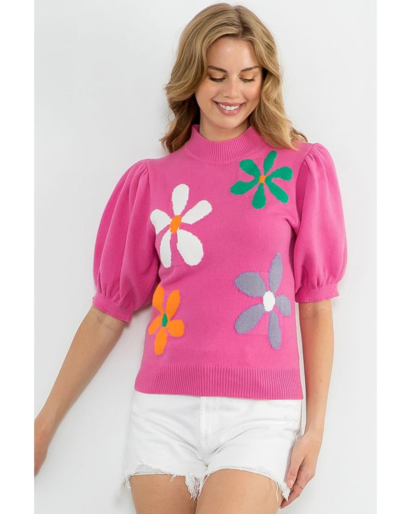 Bright Pink Floral Bubble Short Sleeve Sweater - S