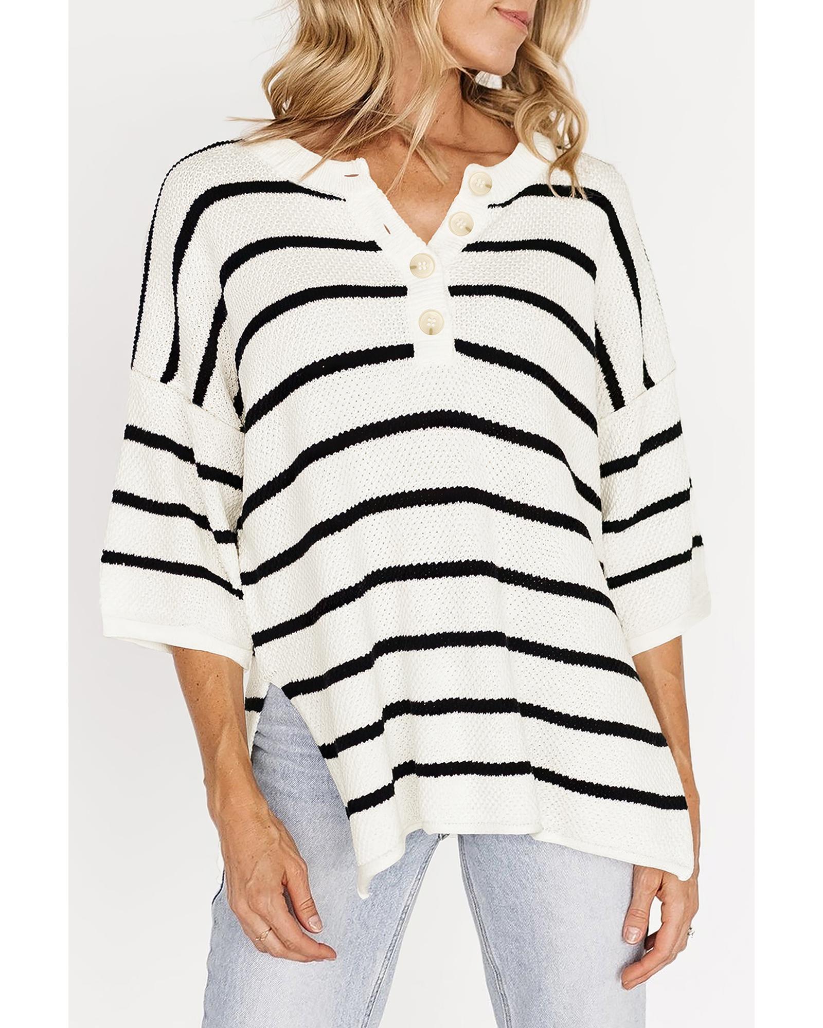 White Stripe Henley Buttoned Placket Drop Shoulder Bracelet Sleeve Knit Sweater Tee - XL