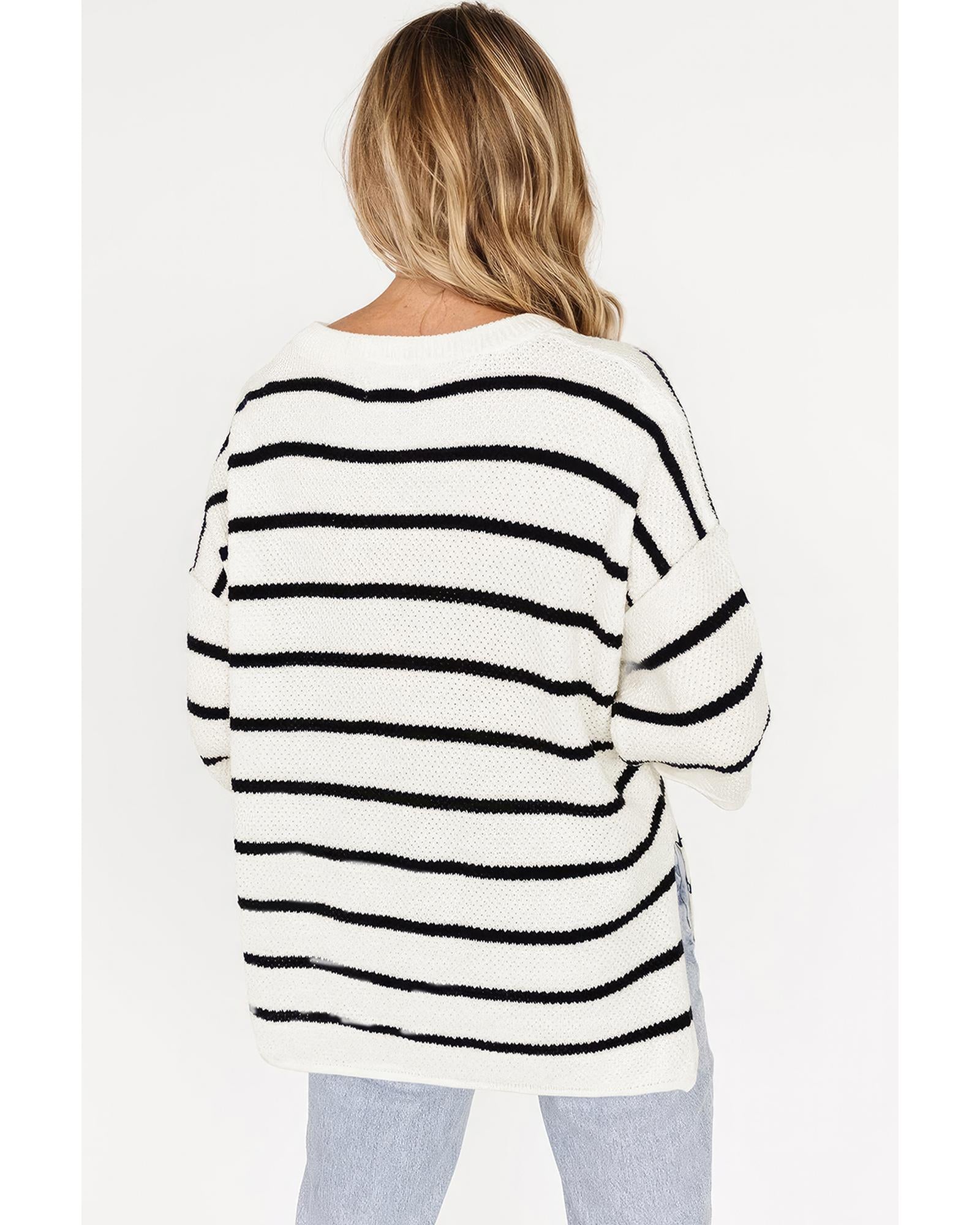 White Stripe Henley Buttoned Placket Drop Shoulder Bracelet Sleeve Knit Sweater Tee - XL