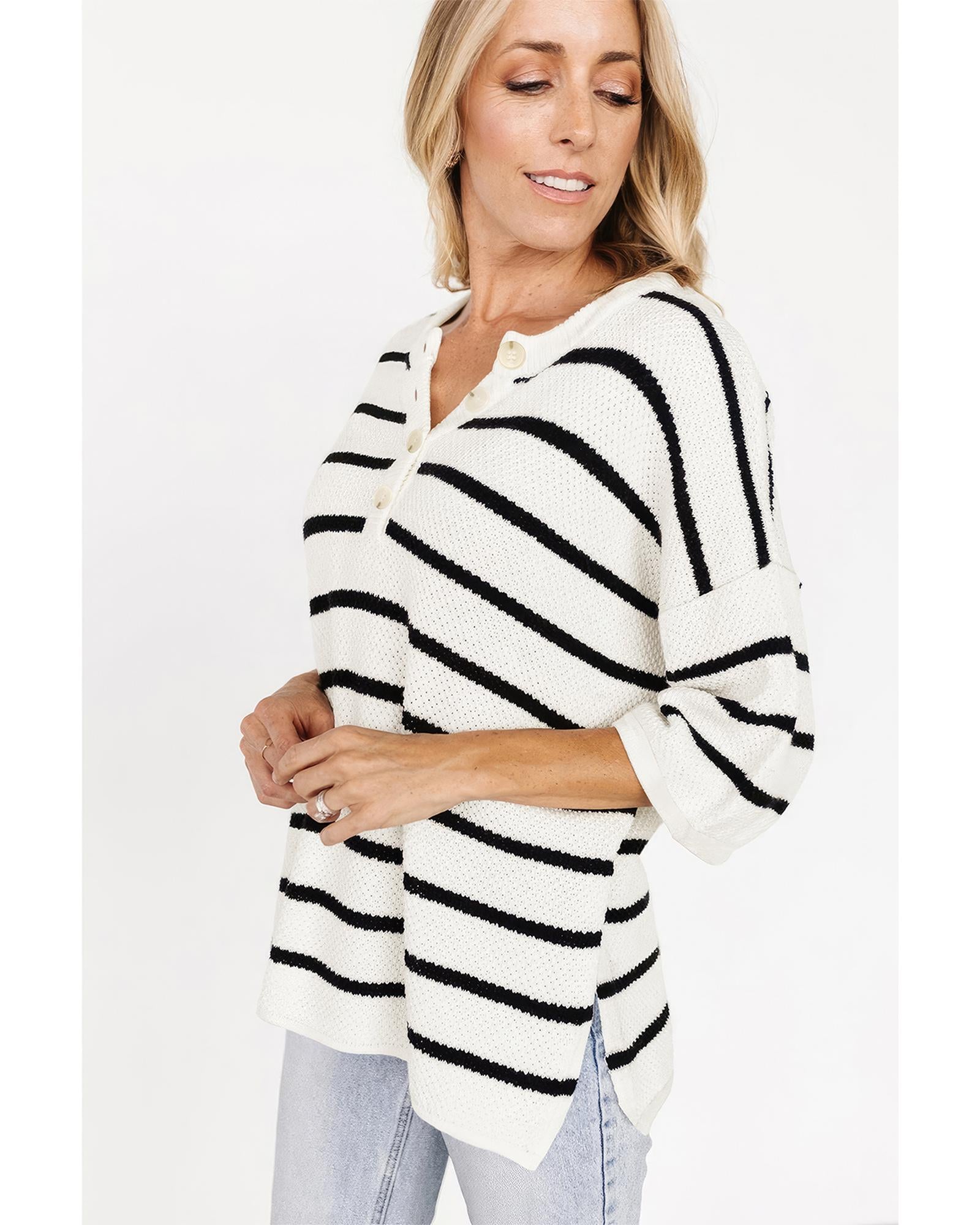 White Stripe Henley Buttoned Placket Drop Shoulder Bracelet Sleeve Knit Sweater Tee - XL