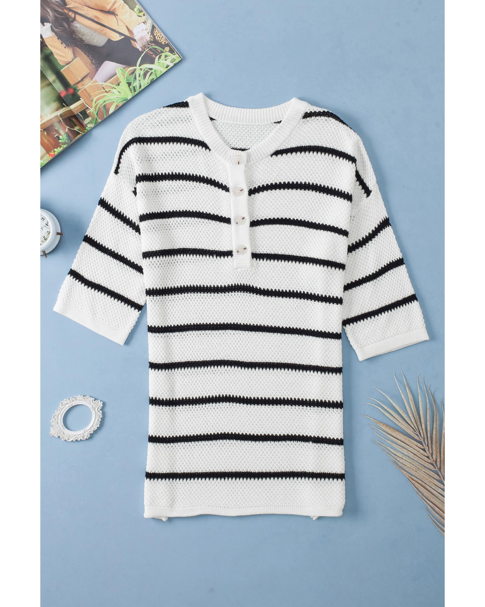 White Stripe Henley Buttoned Placket Drop Shoulder Bracelet Sleeve Knit Sweater Tee - XL