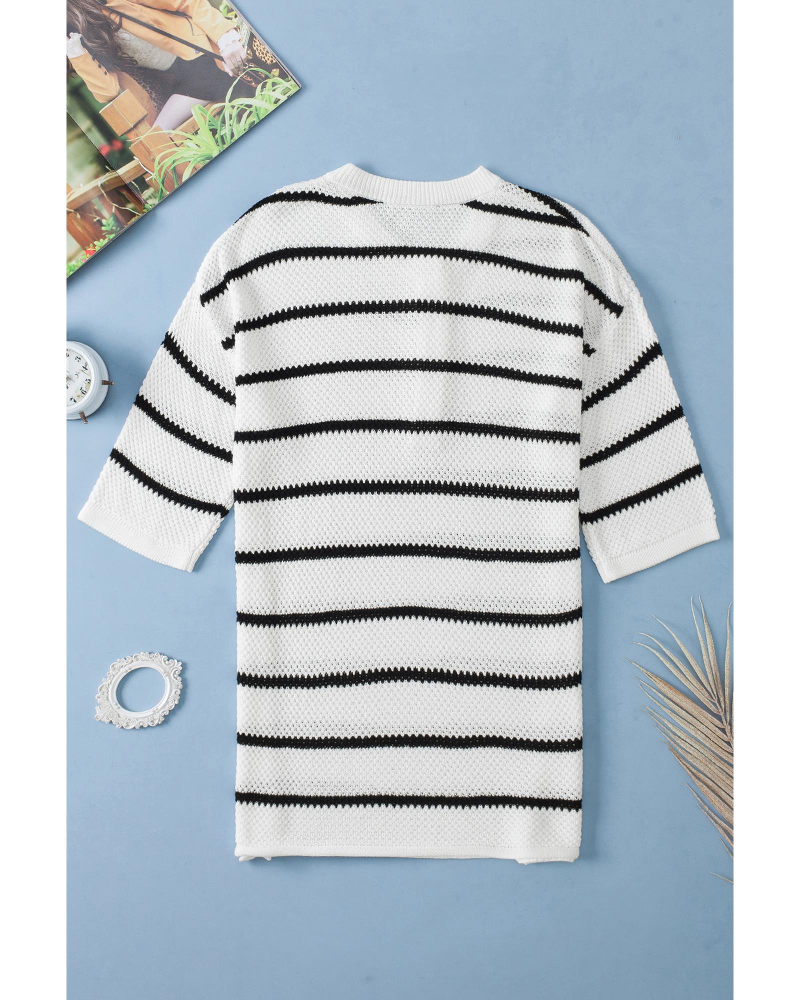 White Stripe Henley Buttoned Placket Drop Shoulder Bracelet Sleeve Knit Sweater Tee - XL