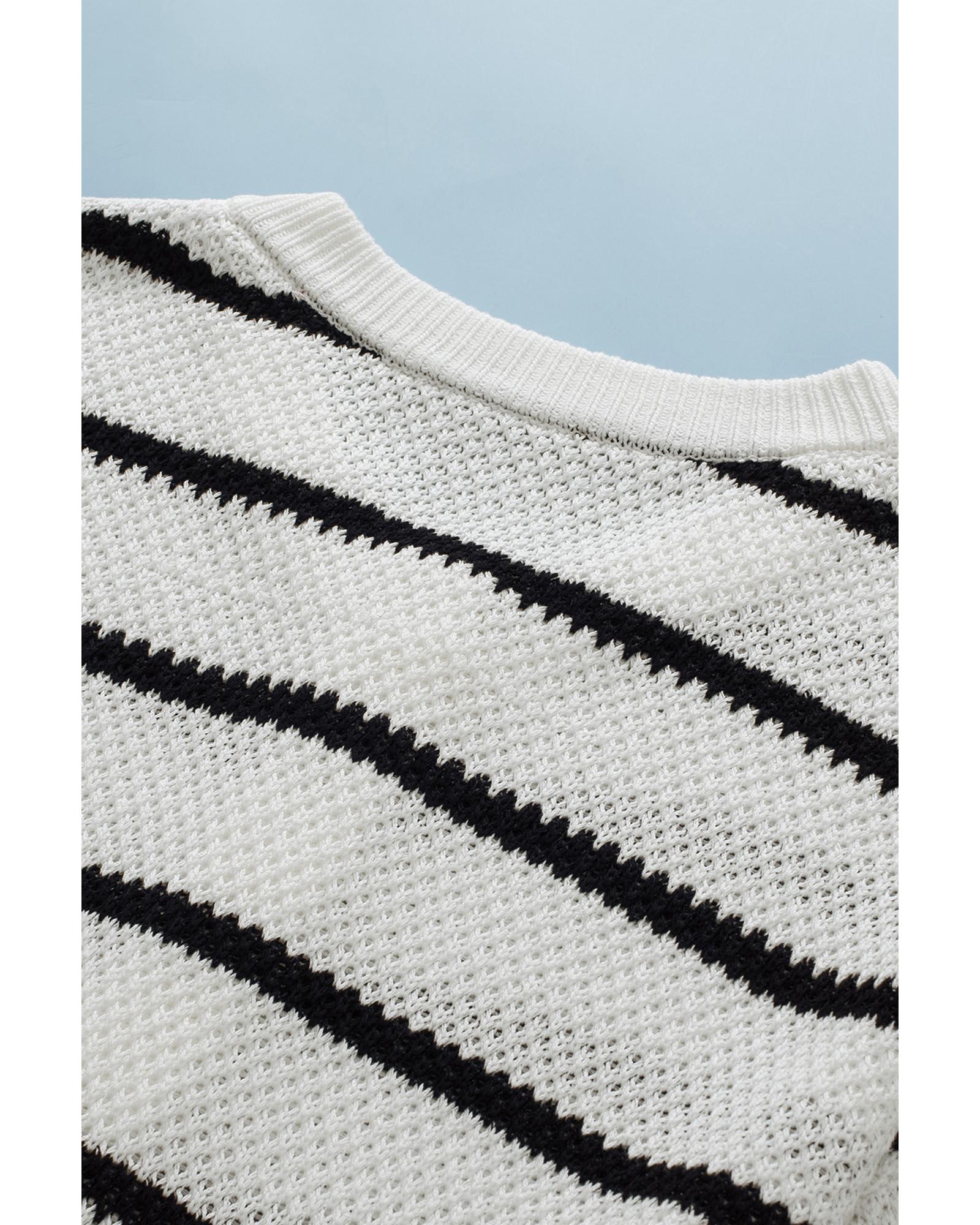 White Stripe Henley Buttoned Placket Drop Shoulder Bracelet Sleeve Knit Sweater Tee - XL